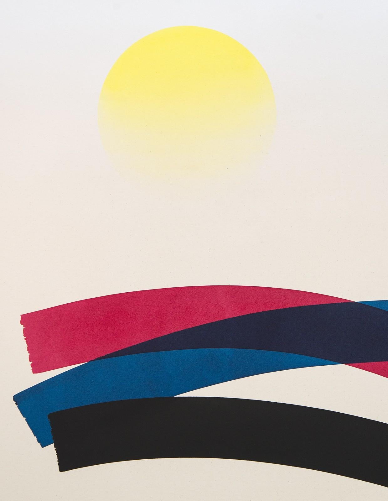 Großes blaues und lavendelfarbenes Gemälde mit verblüffender Sonne - farbenfrohes, abstraktes Gemälde, Acryl auf Leinwand – Painting von Aron Hill