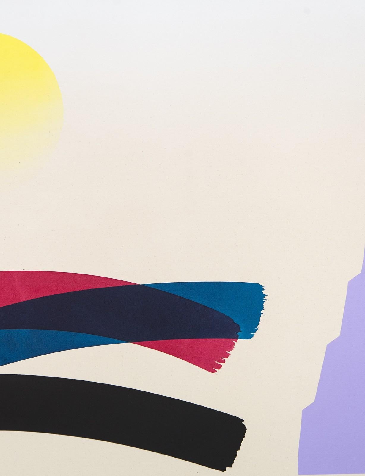 Großes blaues und lavendelfarbenes Gemälde mit verblüffender Sonne - farbenfrohes, abstraktes Gemälde, Acryl auf Leinwand (Abstrakt), Painting, von Aron Hill