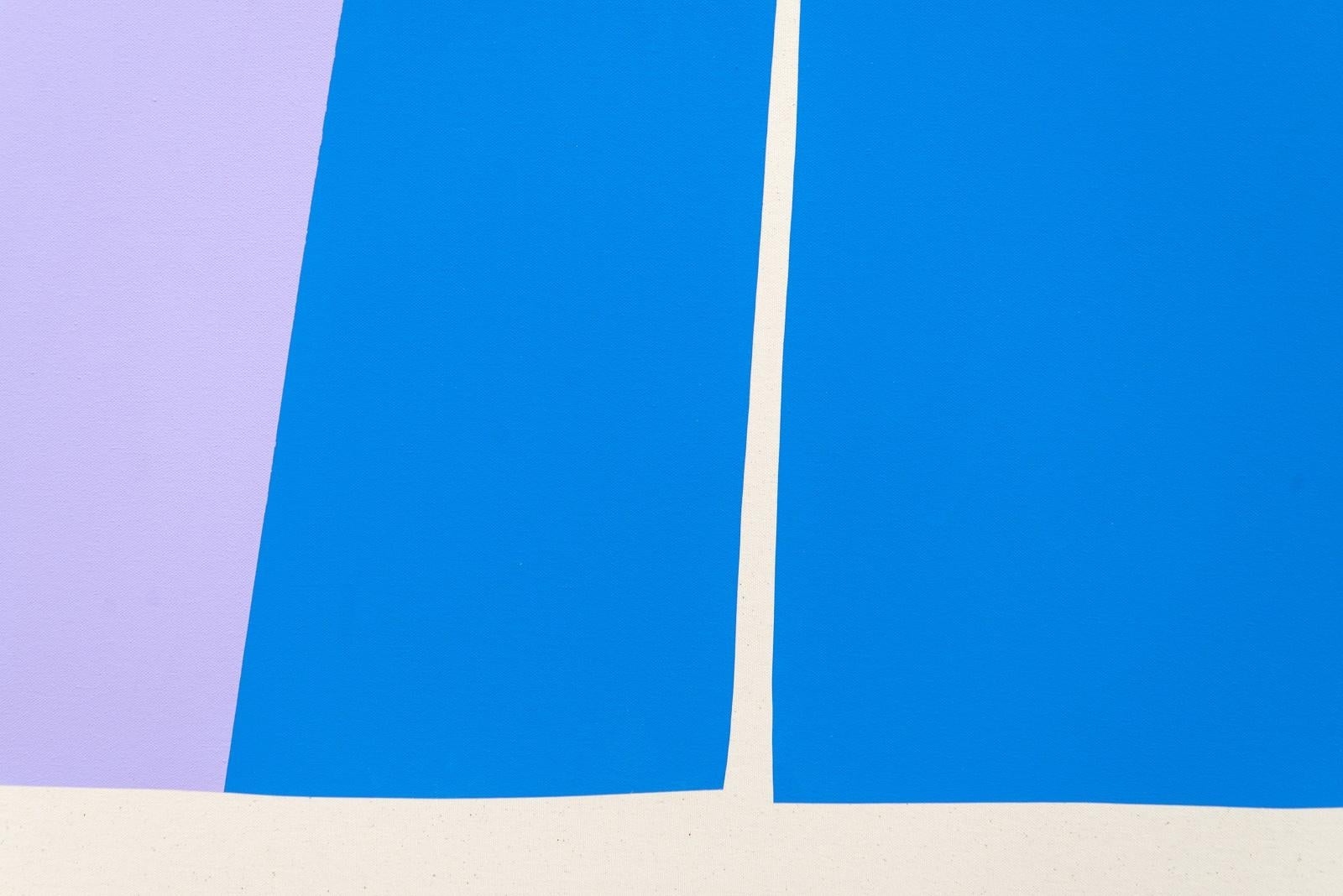 Des formes géométriques simples et fortes dans des couleurs vives - bleu royal, rouge, marine et lavande - créent une scène fraîche et amusante dans cette nouvelle œuvre d'Aron Hill, de Calgary. Elle fait partie d'une série de compositions