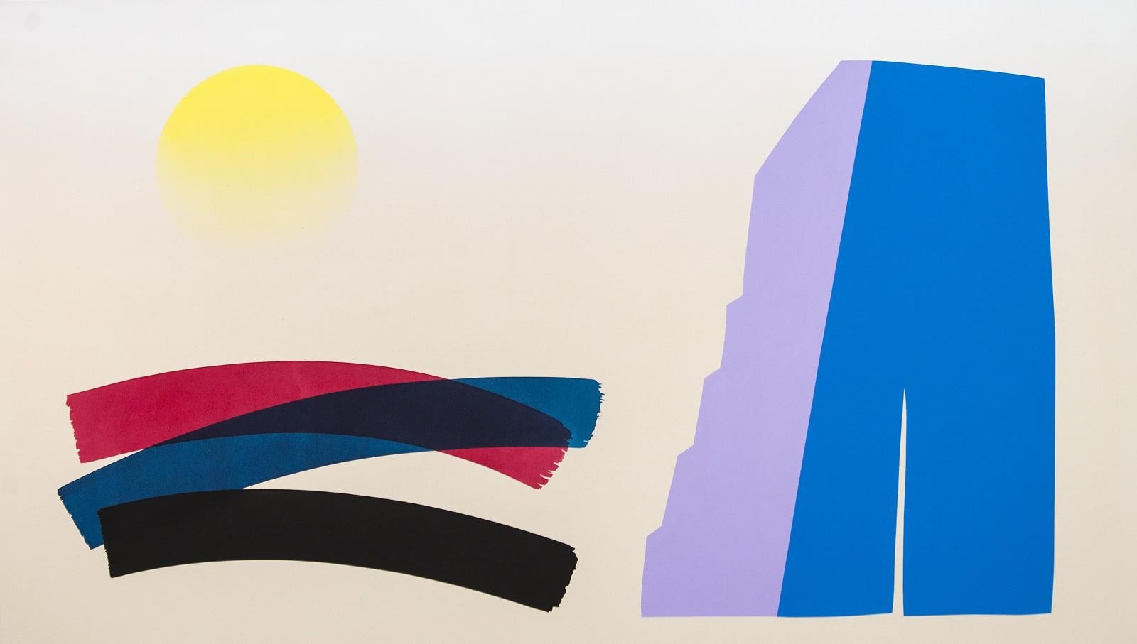 Abstract Painting Aron Hill - Grande toile acrylique sur toile bleue et lavande avec un soleil délavé - colorée et abstraite
