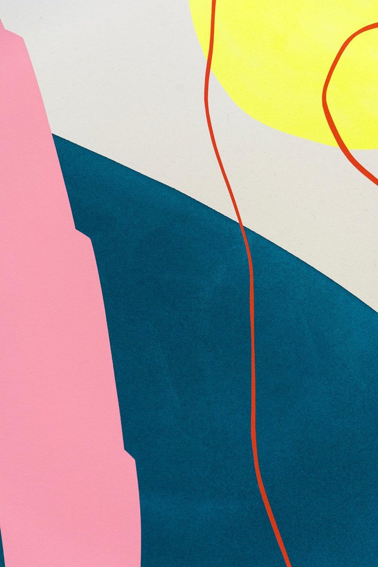 Shapes of soft pink, cerulean and lemon yellow intersect with a looped line of red in this playful landscape by Aron Hill.

Hill's practice is focused on a formalist type of painting that recalls aspects of minimalism and color field paintings