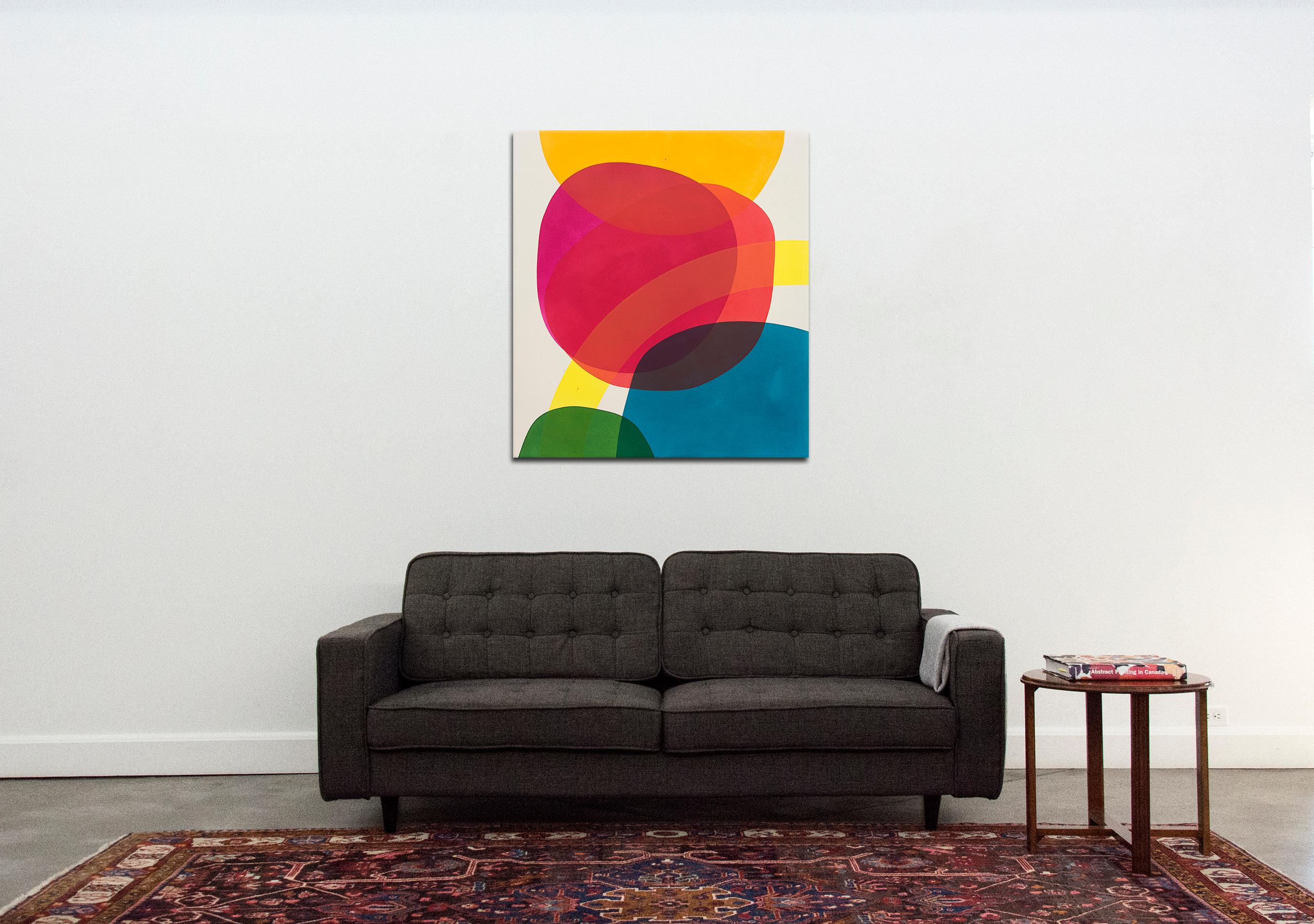 Large circular masses in magenta, red, yellow, blue, and green intersect each other and are traversed by a bright yellow arc in this abstract painting by Aron Hill.

Hill's practice is focused on a formalist type of painting that recalls aspects of