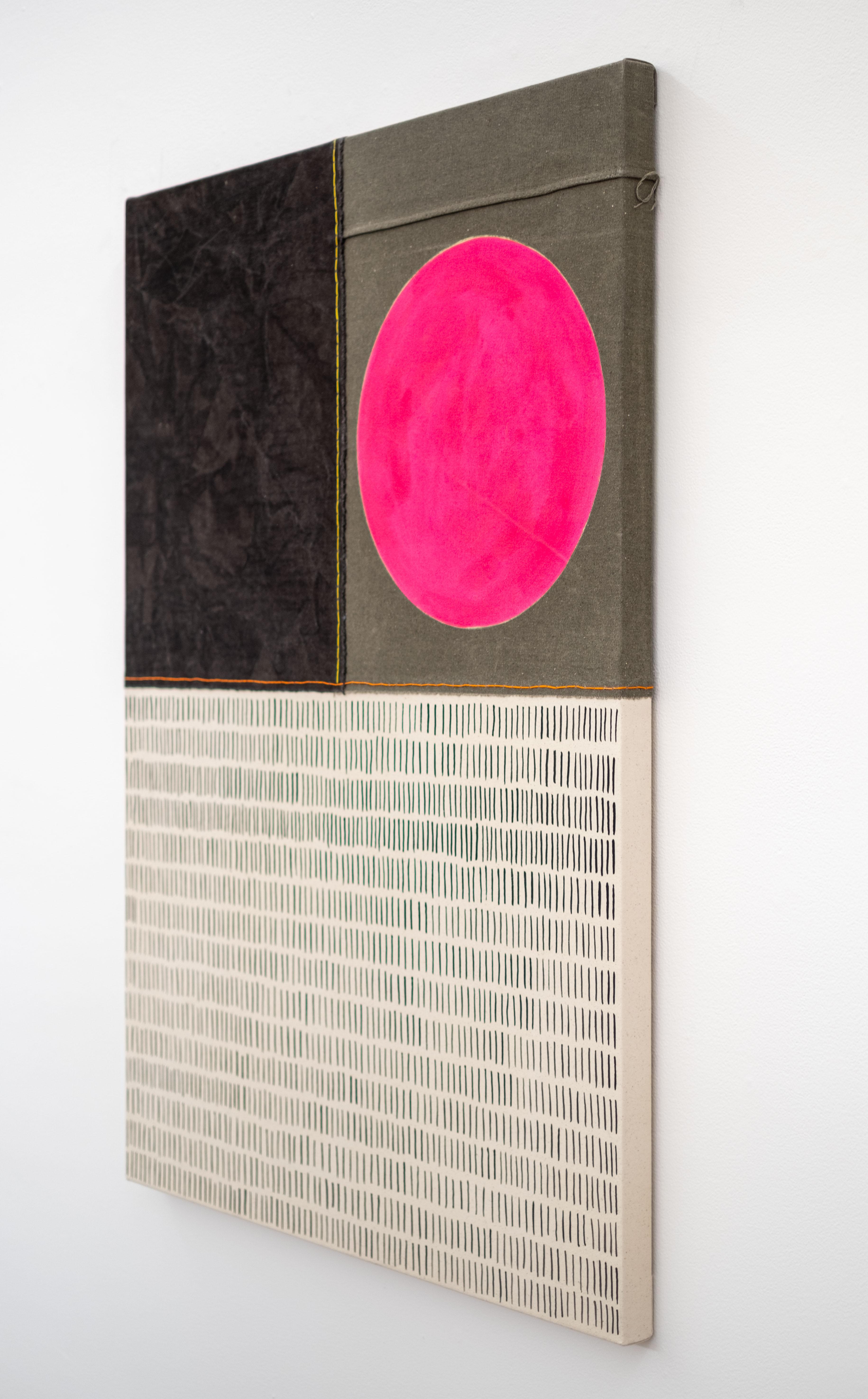 A joyful bright pink sun sits in one corner of this bold new work by Aron Hill. The image of the sun, symbolic of a guiding light has always been central to the work of this Calgary-based artist. Hill’s recent minimalist artwork explores a more