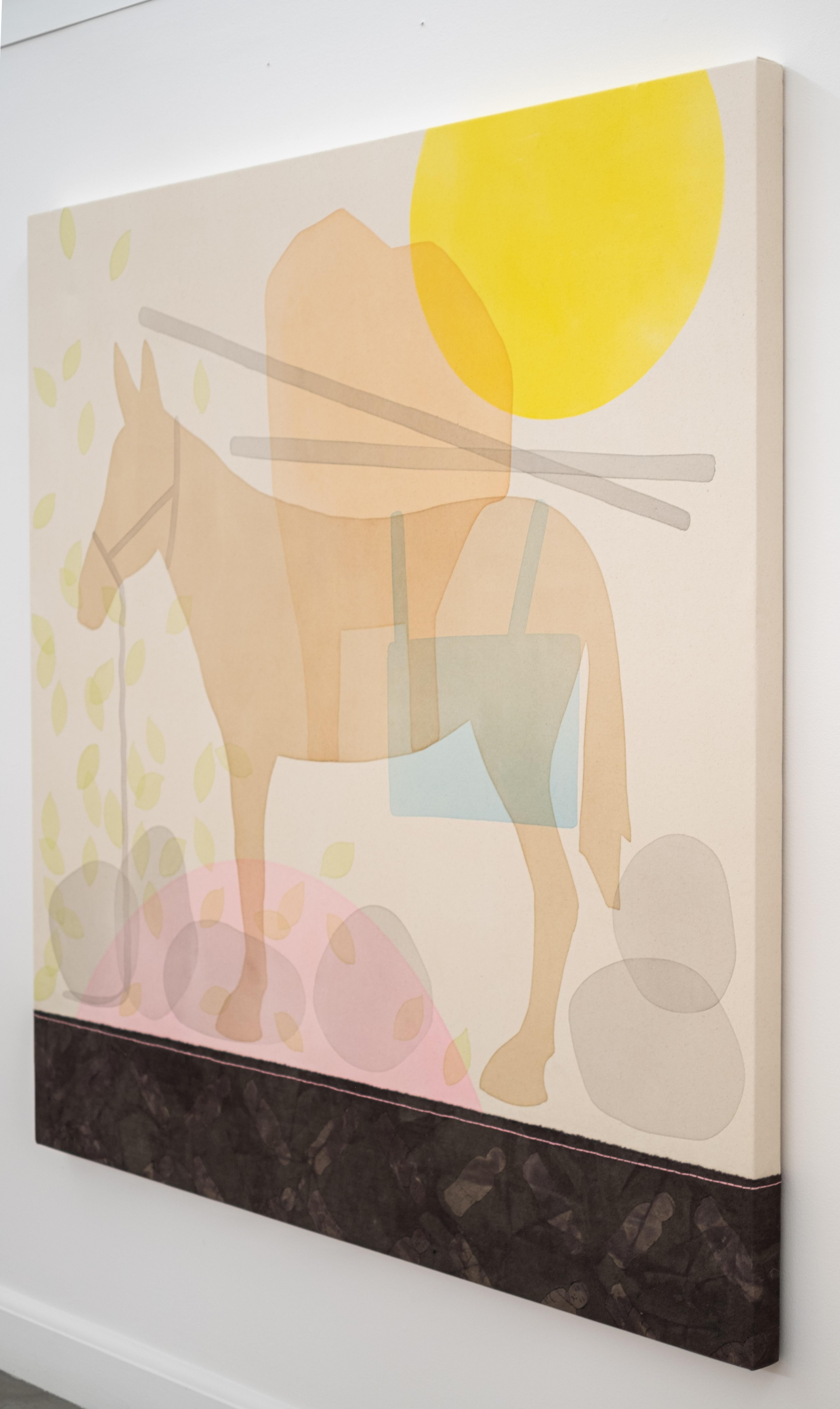 Aron Hill has always taken fresh and distinctive approaches to their contemporary artwork. This new series recalls the same strong, simple form—the sun and rocks appear as familiar images but it is the profile of a pack mule that fills the