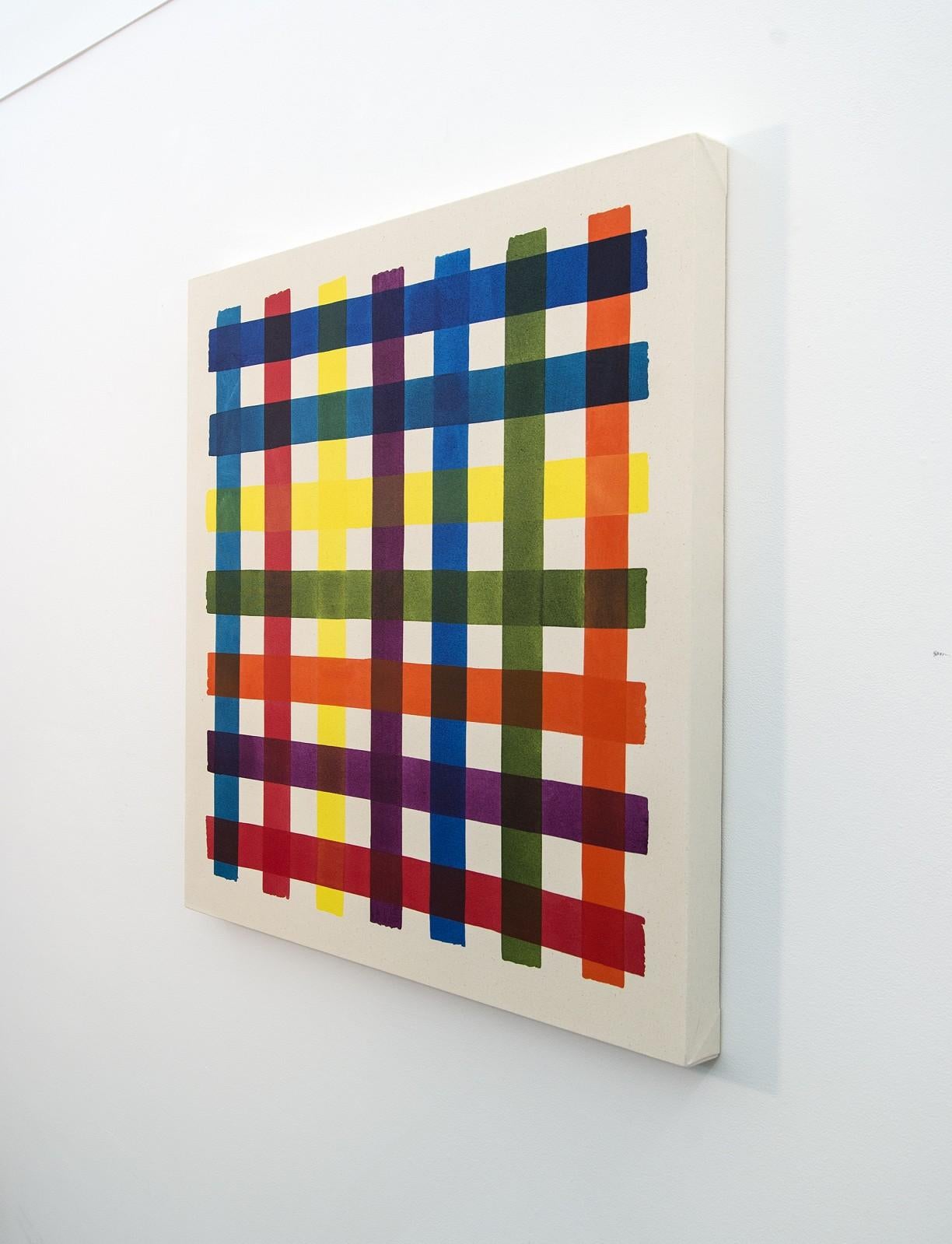 Les couleurs vives et brillantes du jaune, du vert, du bleu, de l'orange et du rouge attirent immédiatement l'attention du spectateur dans cette peinture acrylique audacieuse de l'artiste de Calgary Aron Hill. Sur le plan conceptuel, l'œuvre de Hill