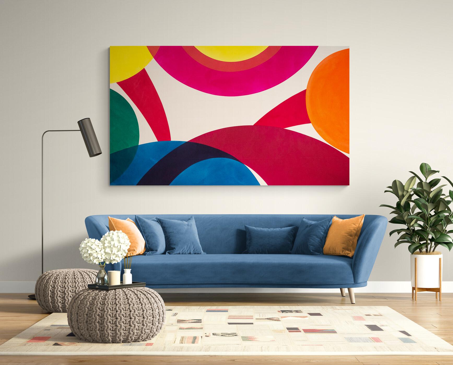 Orange and Green with Yellow Sun - colorful, abstract shapes, acrylic on canvas - Abstract Painting by Aron Hill