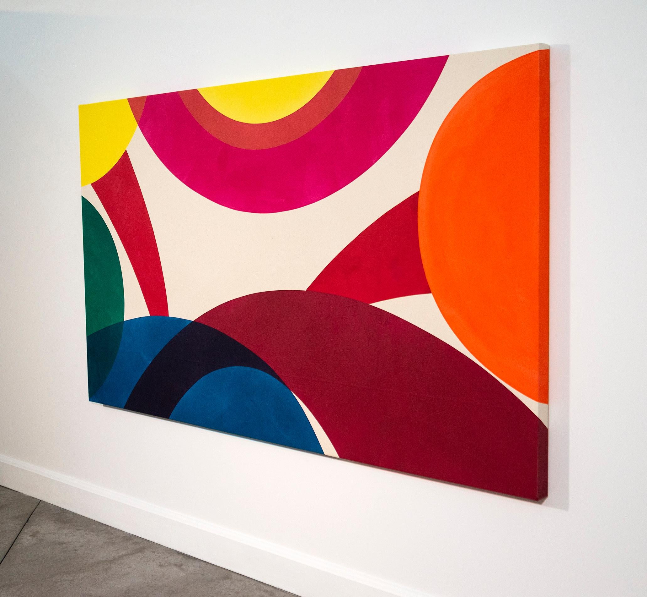 Fresh and modern, Aron Hill embraces colour and bold, simple shapes to create dynamic paintings. Curves, lines and half-circles in hot pink, bright yellow, deep blue, green, red and orange pop against the white canvas. Inspired by the form and