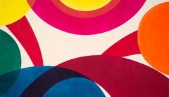 Orange and Green with Yellow Sun - colorful, abstract shapes, acrylic on canvas