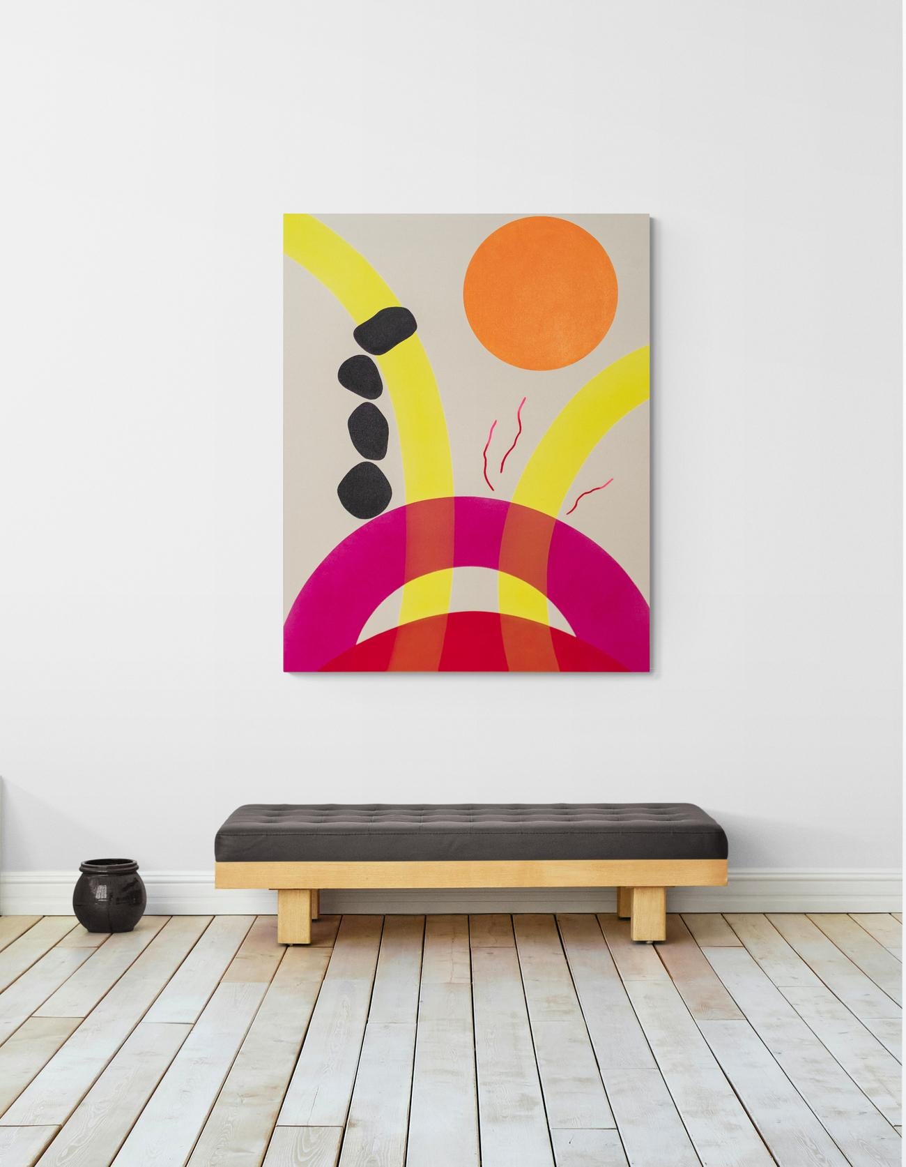 Sole arancione con 4 rocce - minimalista, contemporaneo, astratto, acrilico su tela in vendita 4