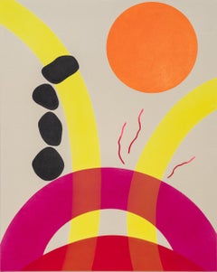 Orange Sun with 4 Rocks - minimalist, contemporary, abstract, acrylic on canvas