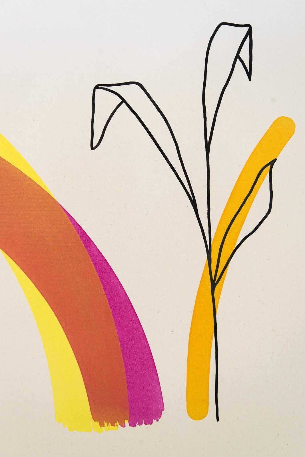 Geometrische Formen, kräftige Farben - Königsblau, heißes Pink, Gelb und ein einziger Strich in Orange - schaffen eine frische und verspielte abstrakte Komposition in diesem neuen Werk des Künstlers Aron Hill aus Calgary. Das Auge des Betrachters