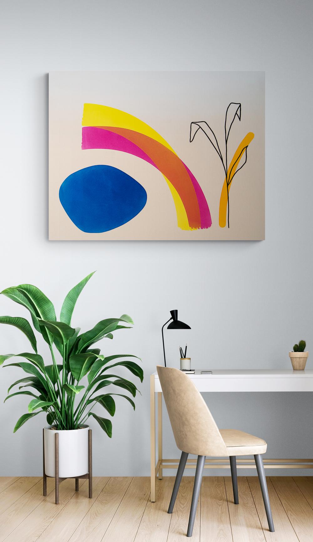 Outline of a Plant - bright, colorful, abstract shapes, acrylic on canvas - Beige Abstract Painting by Aron Hill
