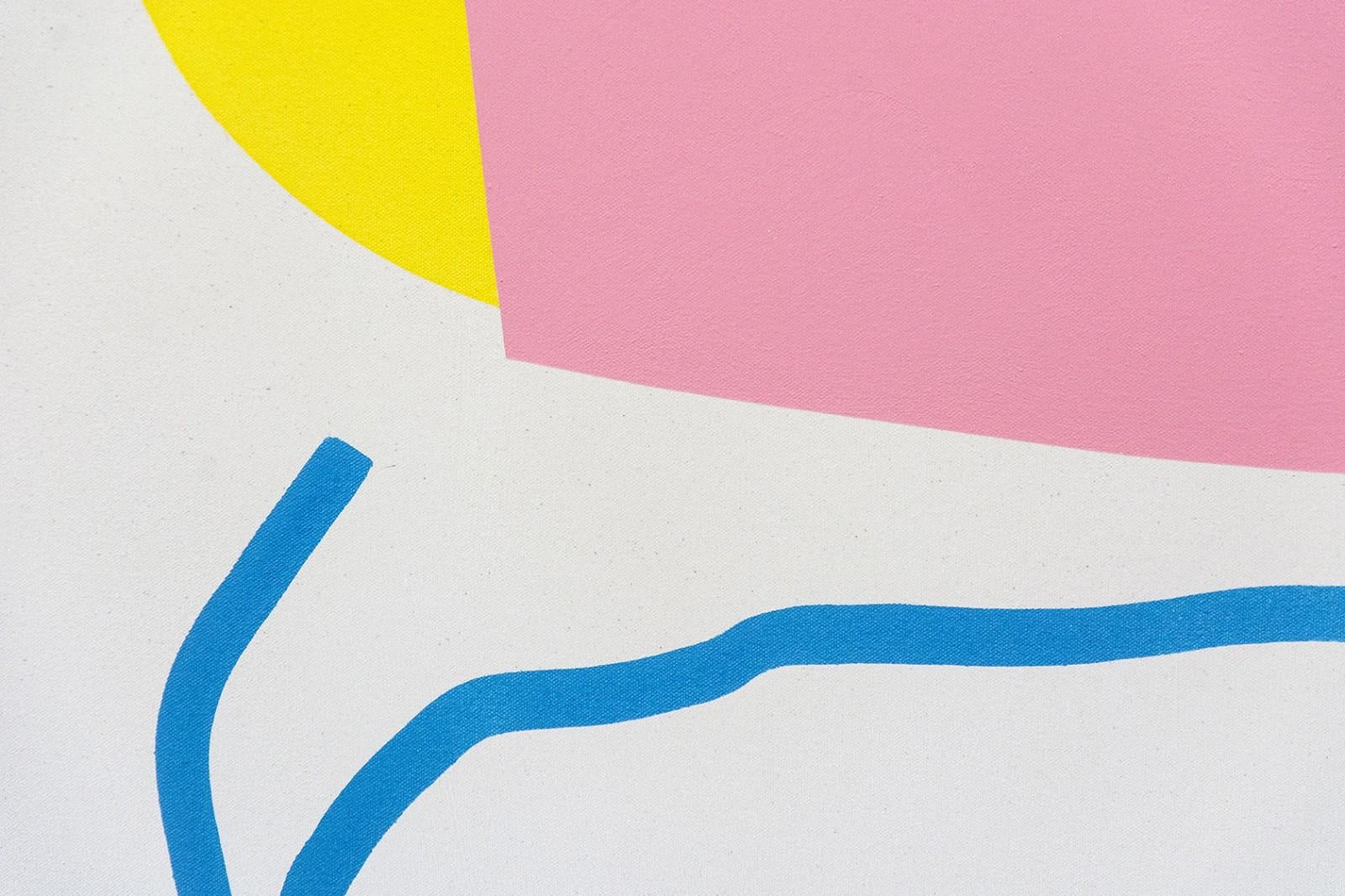 Pink Against Yellow with Blue Line - colorful abstract shapes, acrylic on canvas - Painting by Aron Hill
