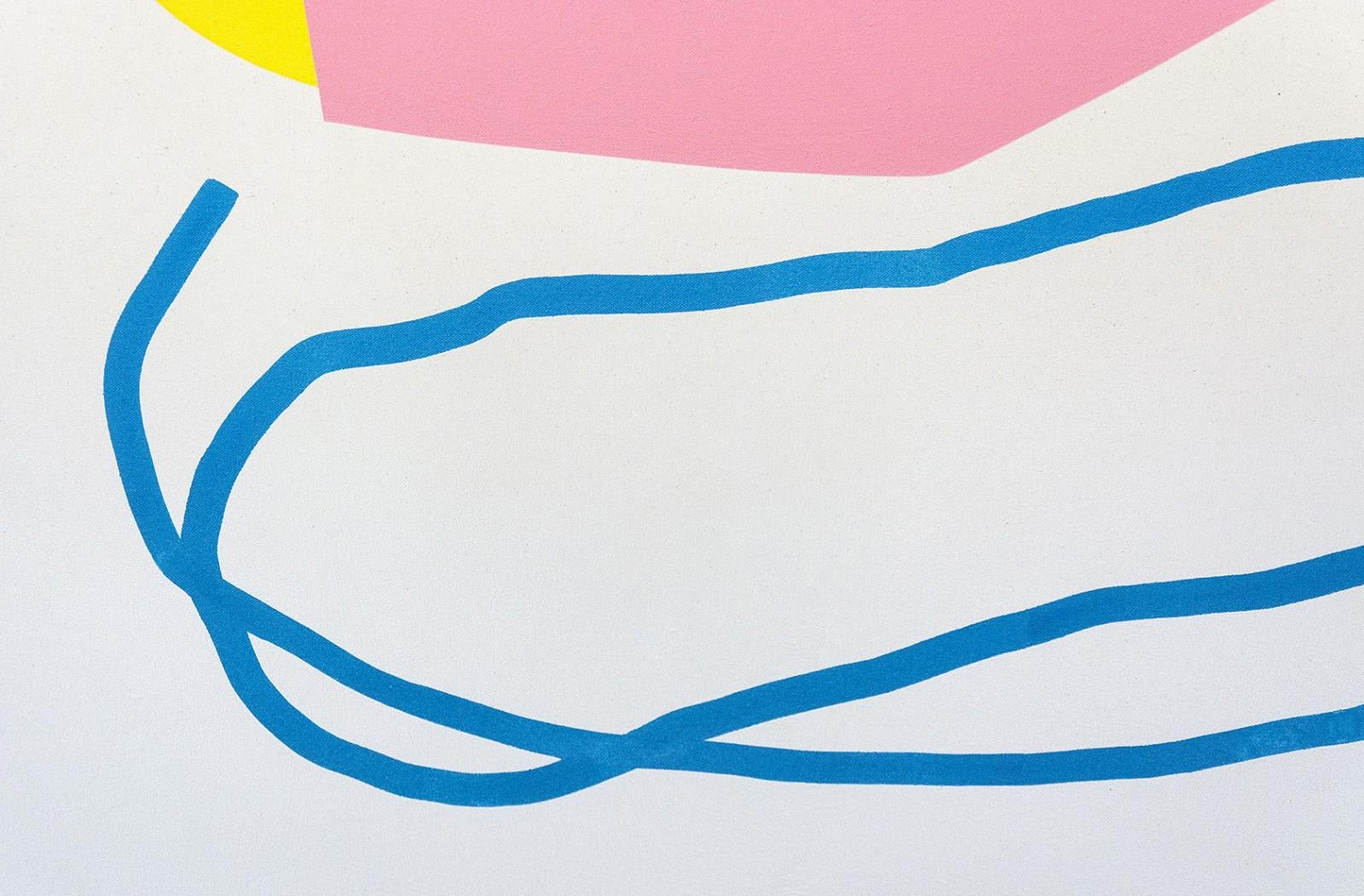 Rose contre-jaune et ligne bleue - formes abstraites colorées, acrylique sur toile - Beige Abstract Painting par Aron Hill