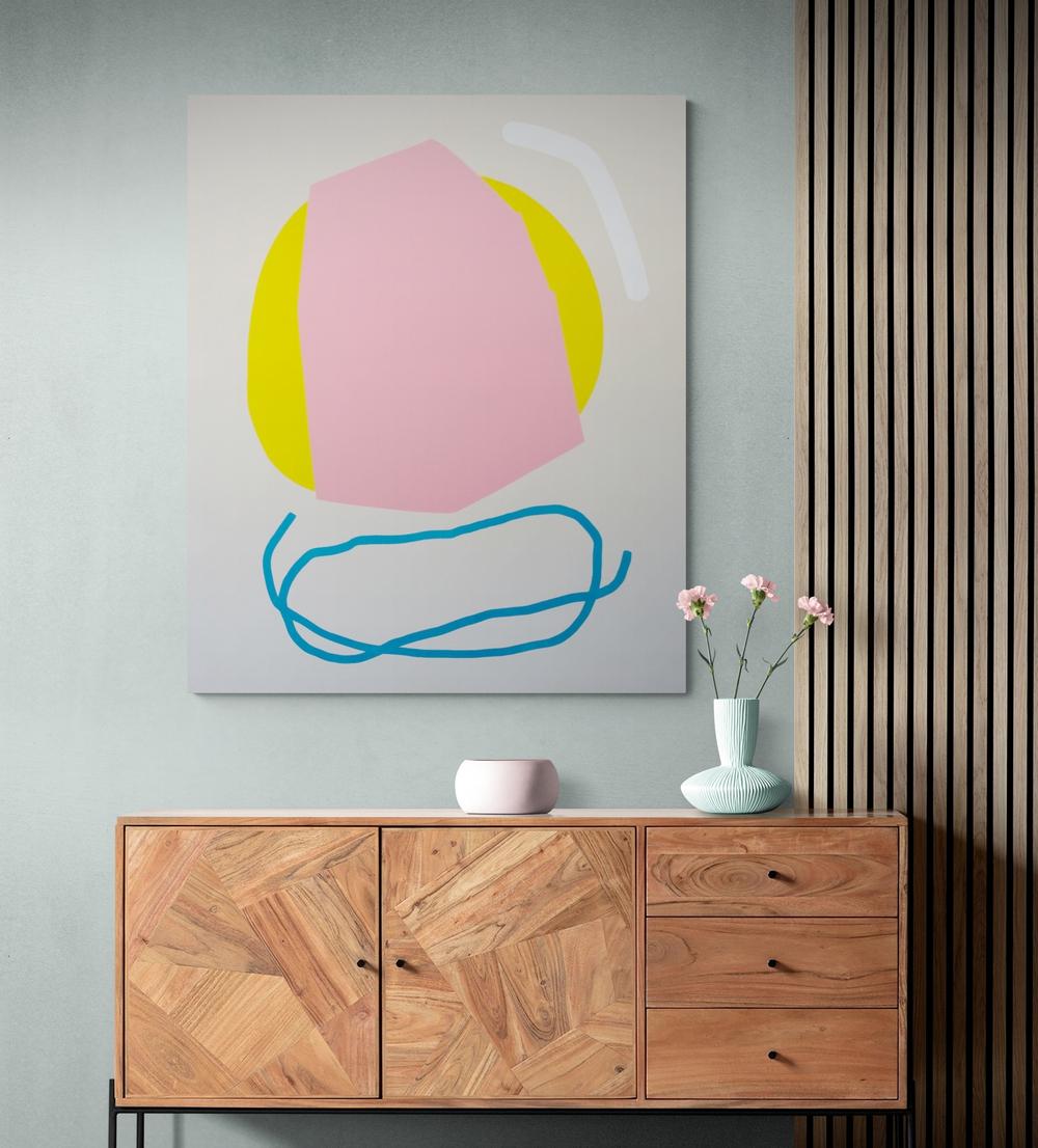 Aron Hill, de Calgary, poursuit son exploration des couleurs et des formes dans cette peinture minimaliste amusante. Inspiré par des modernistes comme Jack Bush, Hill joue dans cette pièce avec des formes organiques et une palette fraîche de rose