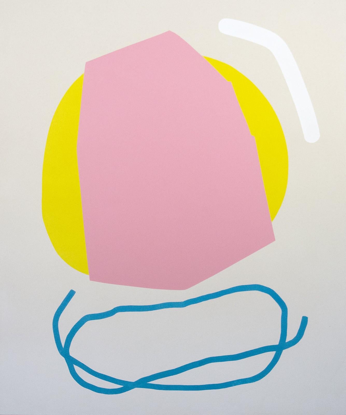 Pink Against Yellow with Blue Line - colorful abstract shapes, acrylic on canvas