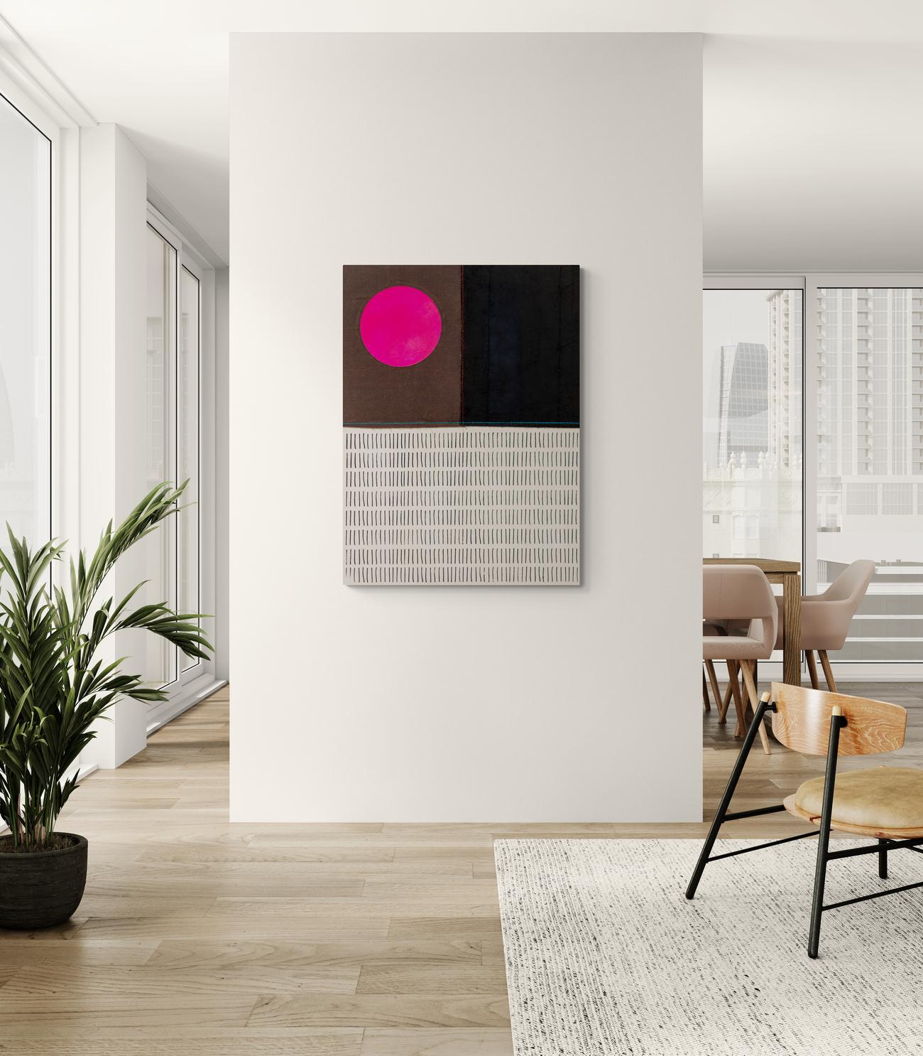 Sole rosa, linea blu con molti segni - minimalista, astratto, acrilico su tela in vendita 7