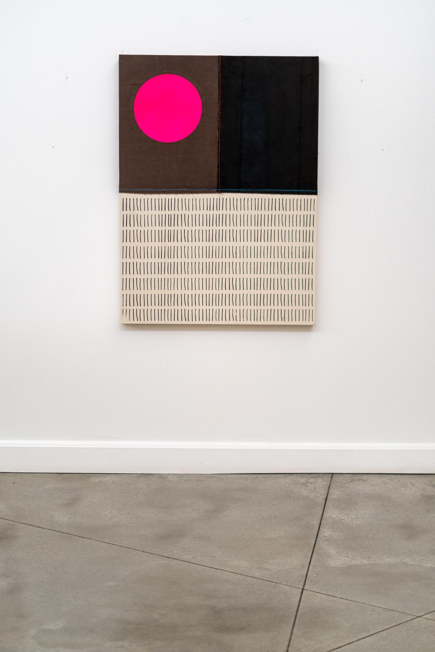 Sole rosa, linea blu con molti segni - minimalista, astratto, acrilico su tela - Painting Astratto di Aron Hill