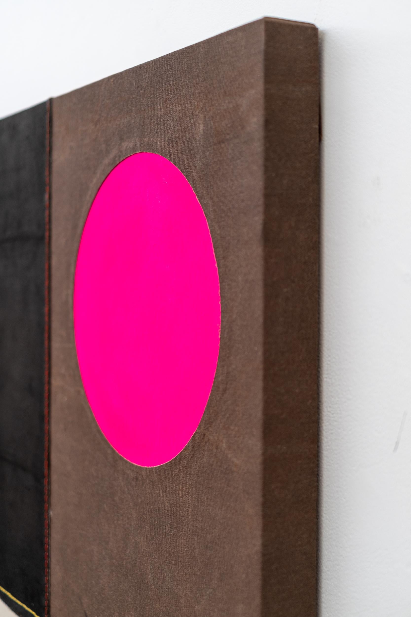 Pink sun, yellow line with many marks - minimalist, abstract, acrylic on canvas For Sale 7