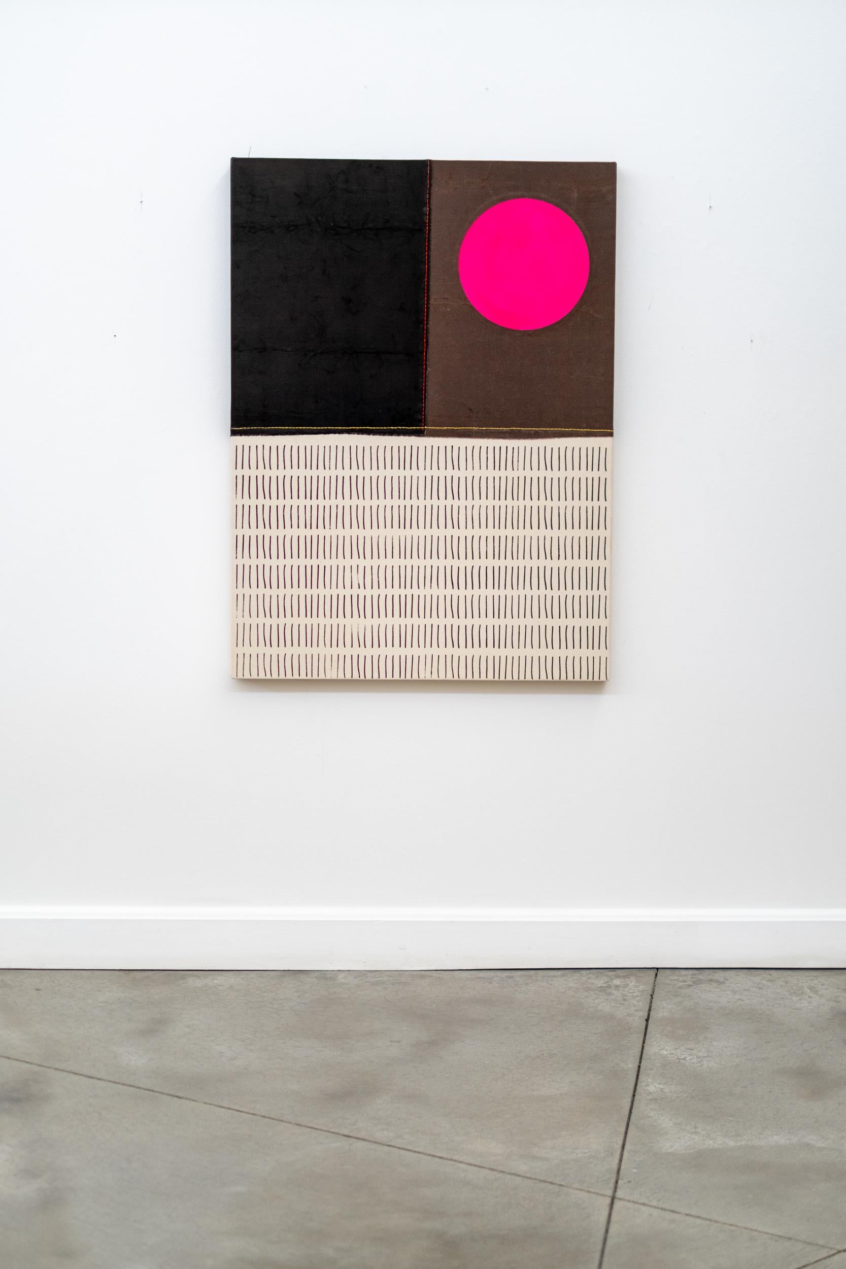 Pink sun, yellow line with many marks - minimalist, abstract, acrylic on canvas - Abstract Painting by Aron Hill