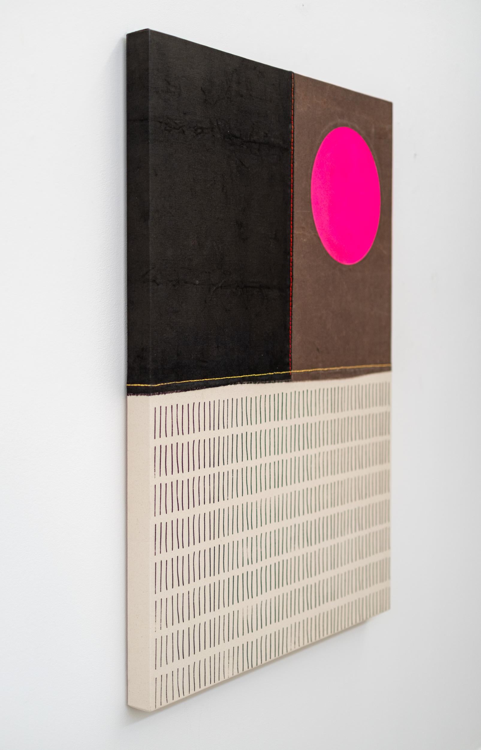 This contemporary landscape painting is by Aron Hill.

The distinctive visual language of Calgary artist Aron Hill is characterized by bold, simple form and vivid palettes. Central to much of his work is the image of the sun, here in bright pink,