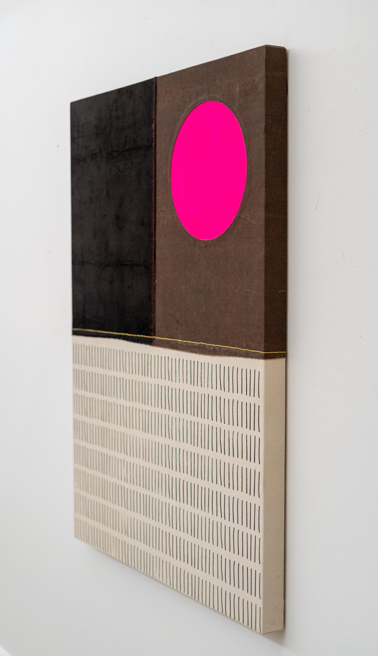 Pink sun, yellow line with many marks - minimalist, abstract, acrylic on canvas For Sale 1