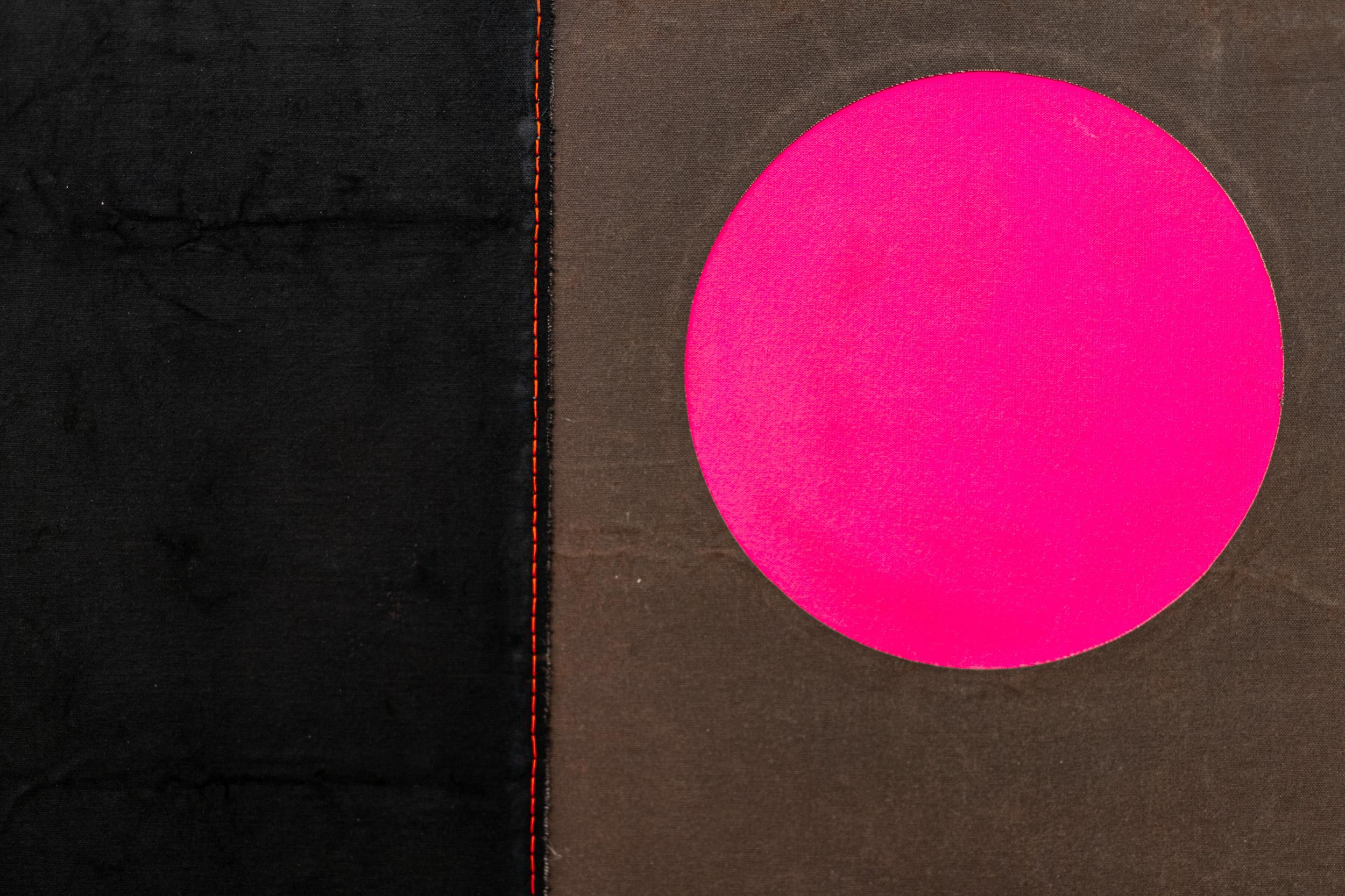 Pink sun, yellow line with many marks - minimalist, abstract, acrylic on canvas For Sale 3