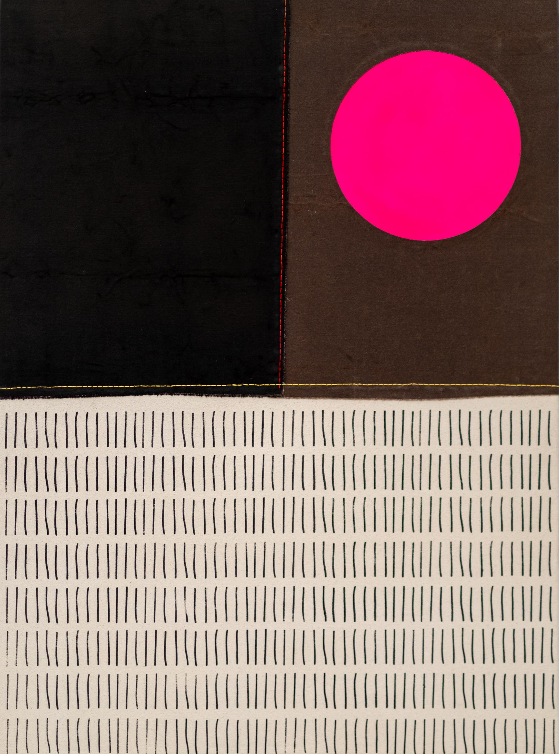 Pink sun, yellow line with many marks - minimalist, abstract, acrylic on canvas - Painting by Aron Hill