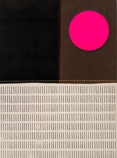 Sol rosa, línea amarilla con muchas marcas - minimalista, abstracto, acrílico sobre lienzo