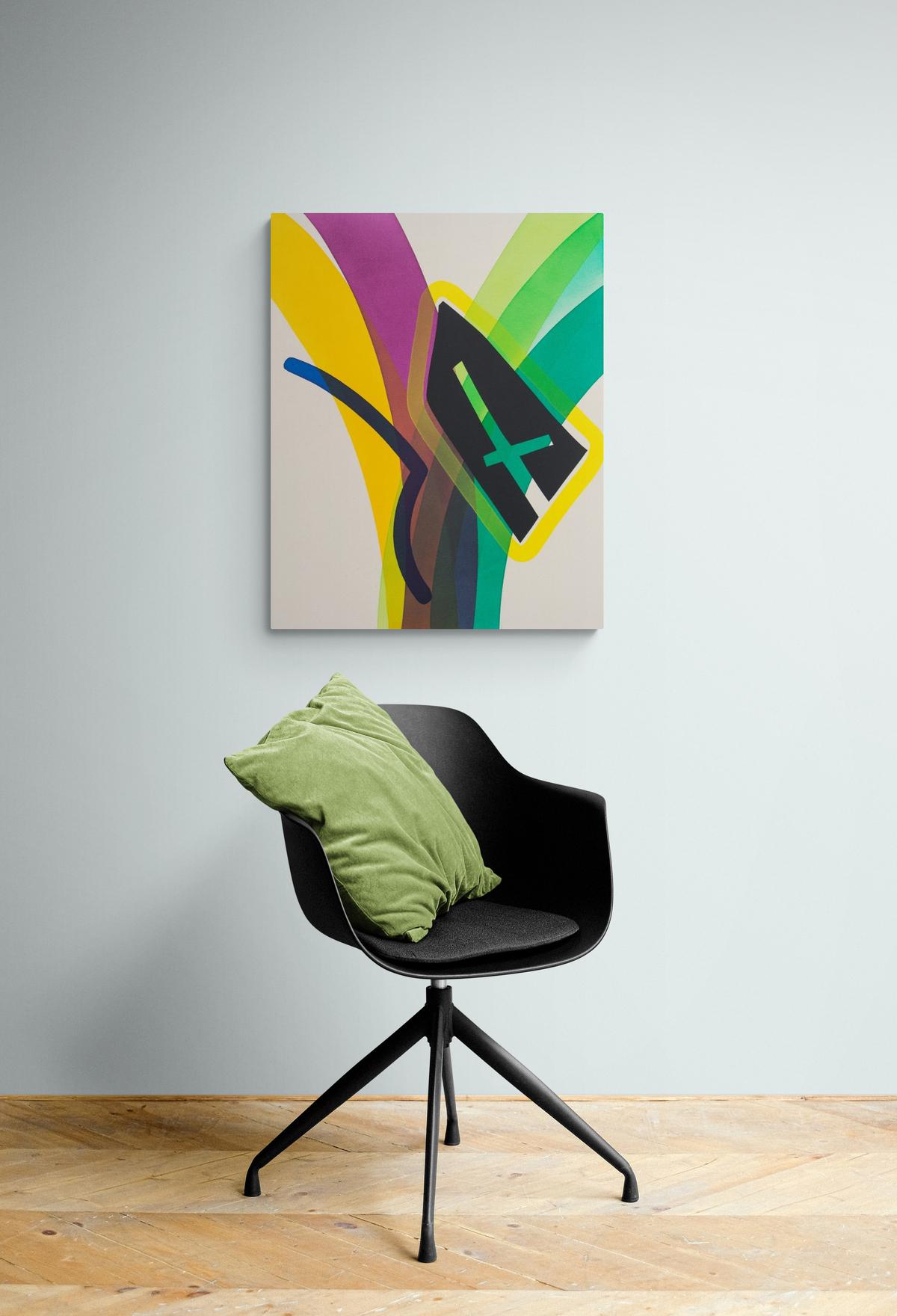 Plus Cutout With Blue Line - colorful, intersecting abstract shapes on canvas For Sale 4