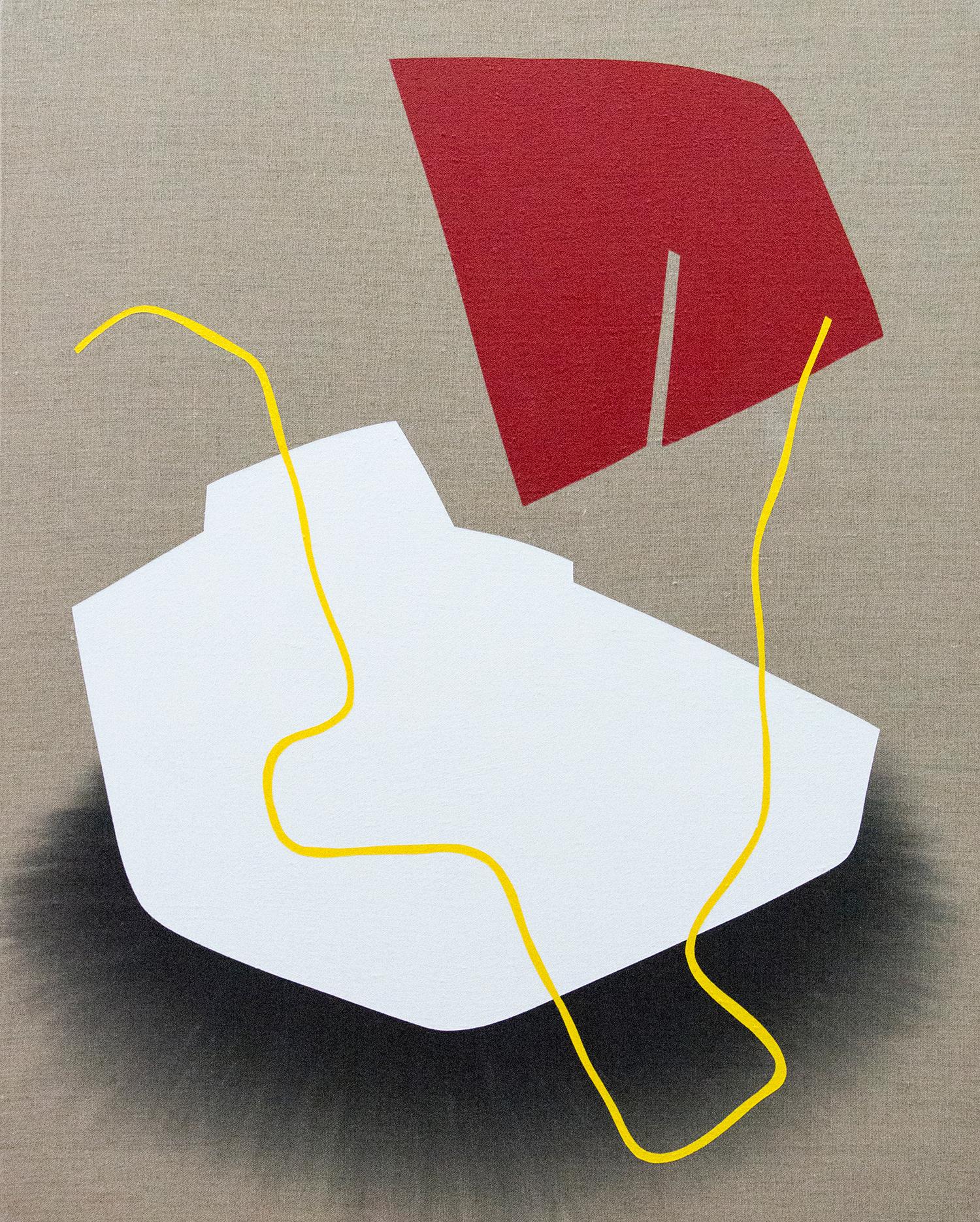 Des formes d'un blanc pur et d'un rouge vif flottent sur la toile dans cette série dynamique de quatre tableaux minimalistes d'Aron Hill. Les ombres noires ajoutent de la profondeur aux compositions dépouillées. Des chaînes de jaune et de magenta