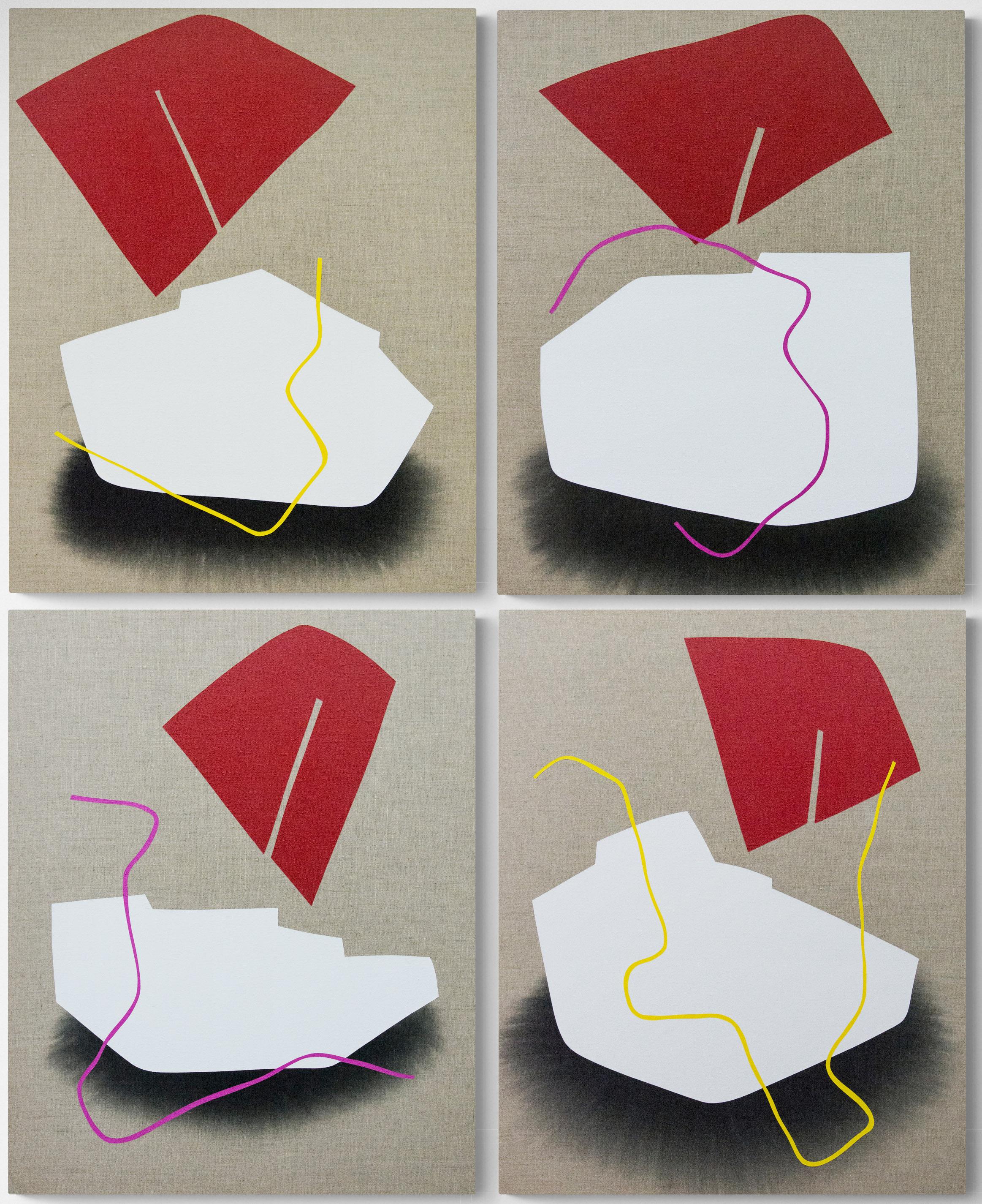 Abstract Painting Aron Hill - Blocs rouges et blancs - ensemble de quatre peintures ludiques sur lin