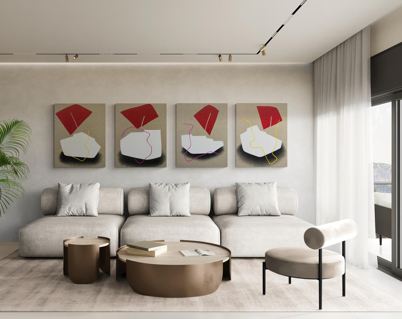 Blocs rouges et blancs - ensemble de quatre peintures ludiques sur lin en vente 3