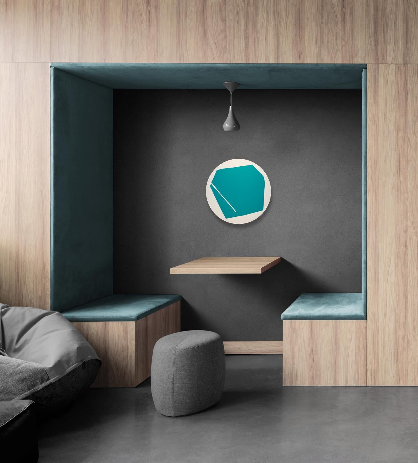 Rotondo blu acqua con 1 linea - astratto minimalista, foglia d'oro, acrilico su pannello in vendita 4