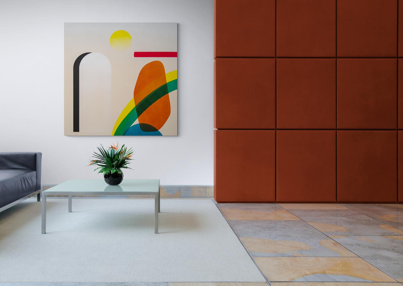 Calgary’s Aron Hill creates unique, pop art Inspired by the dynamic form and colour of abstract artists like Jack Bush. This piece in acrylic and ink on canvas combines architectural shapes—an open archway framed in black, a yellow sun and a