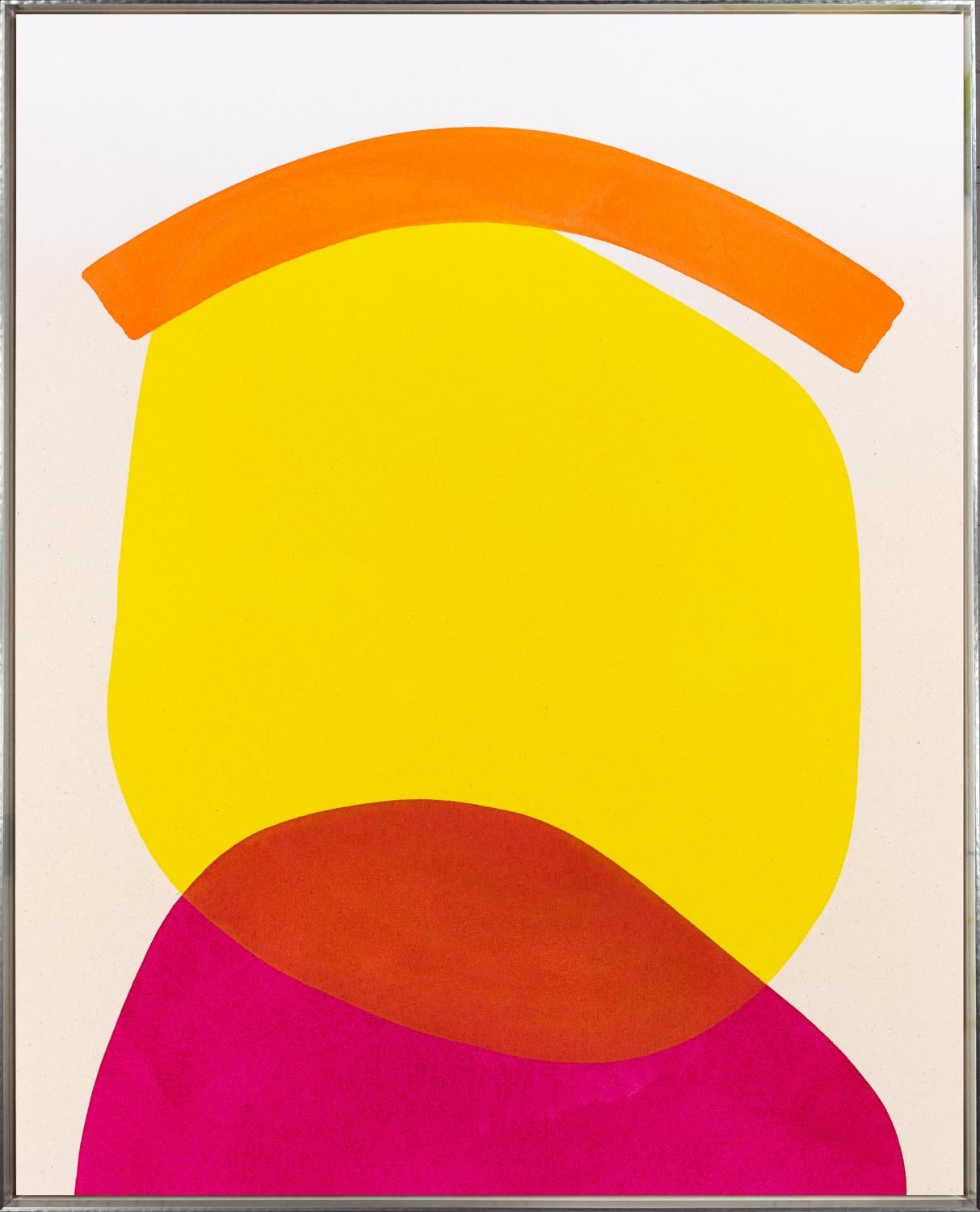 "Silent House With Yellow And Magenta And Orange Roof" is a framed contemporary acrylic painting on canvas by Aron Hill, depicting abstract shapes in different shades of yellow, magenta, and yellow on raw canvas. The carefully composed forms are at