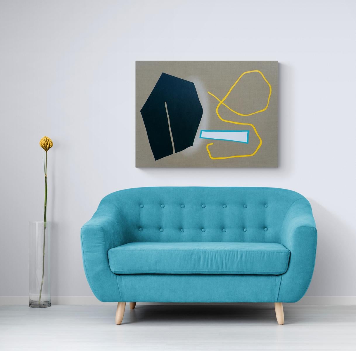 Split Green Shape with Long Yellow Line - colorful, abstract shapes on canvas - Gray Abstract Painting by Aron Hill