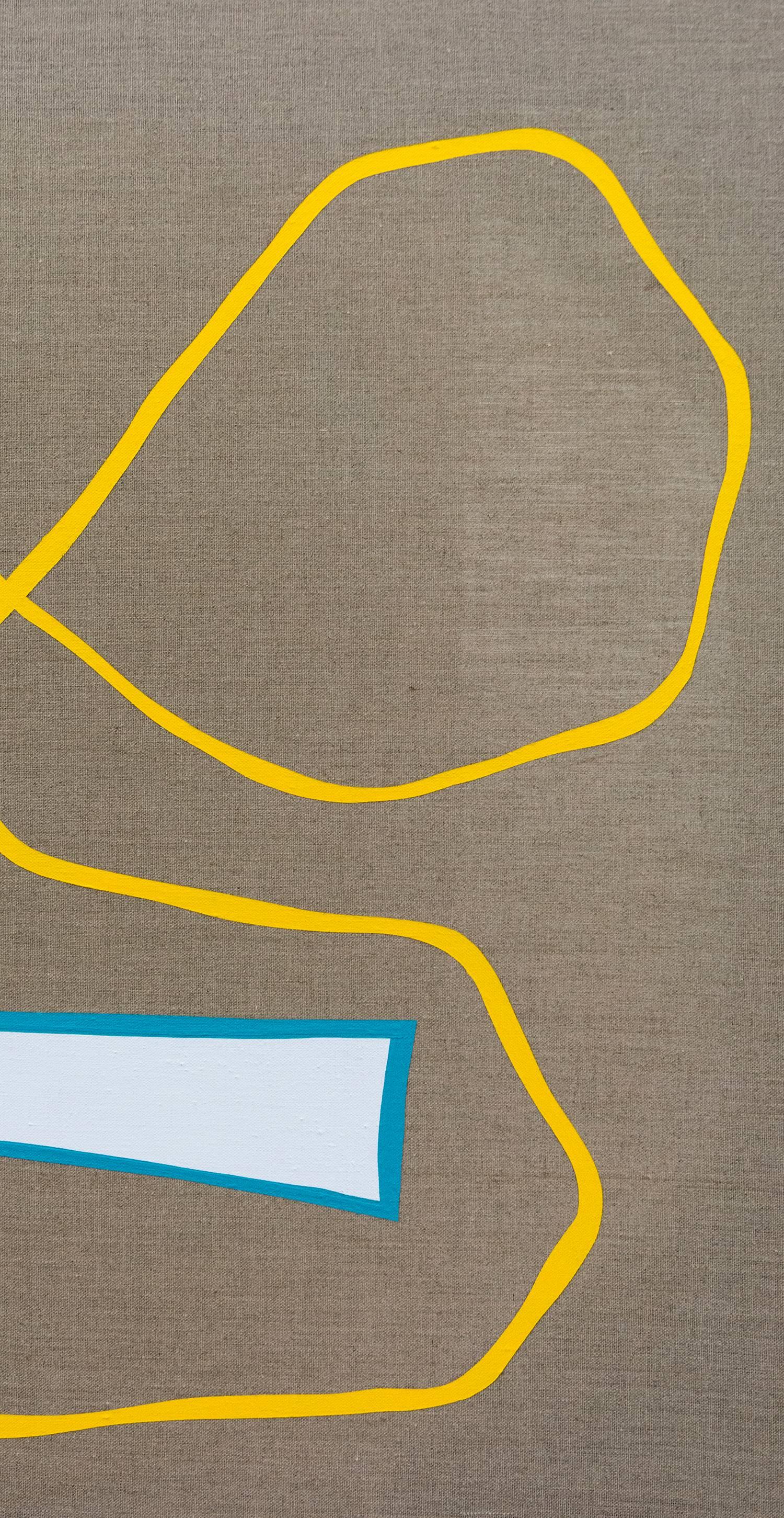 Split Green Shape mit langer gelber Linie - farbenfrohe, abstrakte Formen auf Leinwand – Painting von Aron Hill