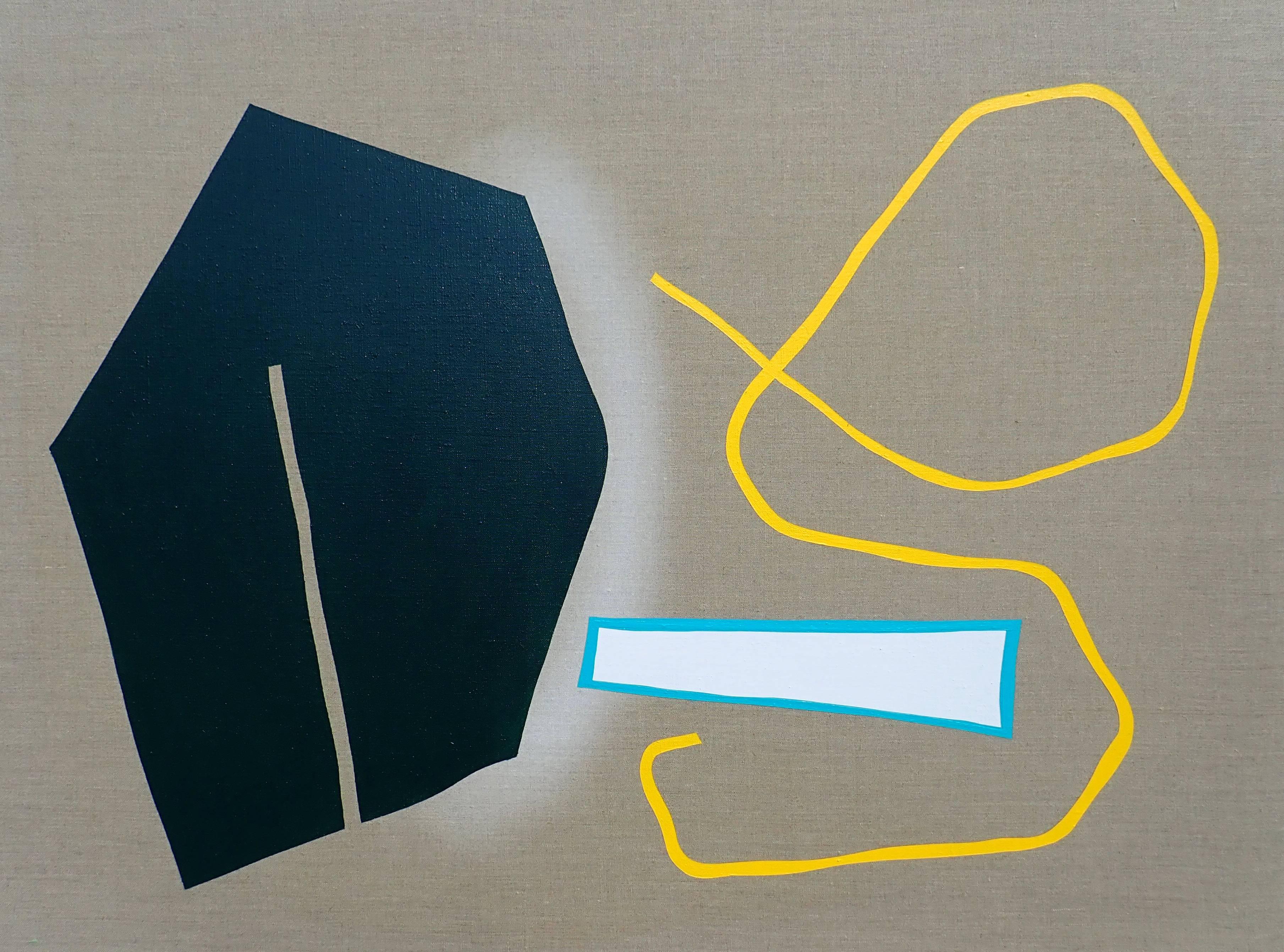 Aron Hill Abstract Painting - Split Green Shape with Long Yellow Line - colorful, abstract shapes on canvas