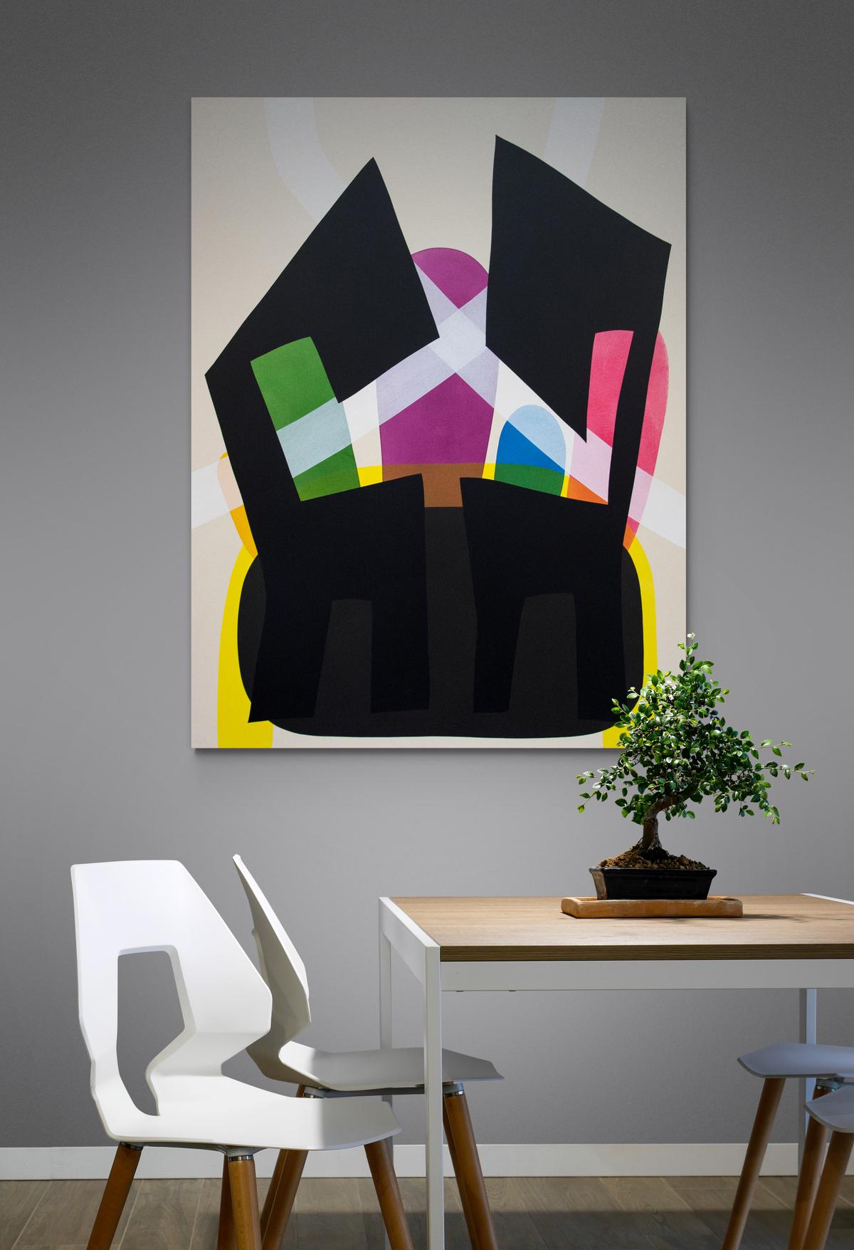 Graphic and bold, this imaginative painting suggesting two chairs on a rug is by Aron Hill. Known for his minimalist form and liberal use of vivid colour—this piece features flat rounded shapes of green, purple, turquoise, pink and yellow set