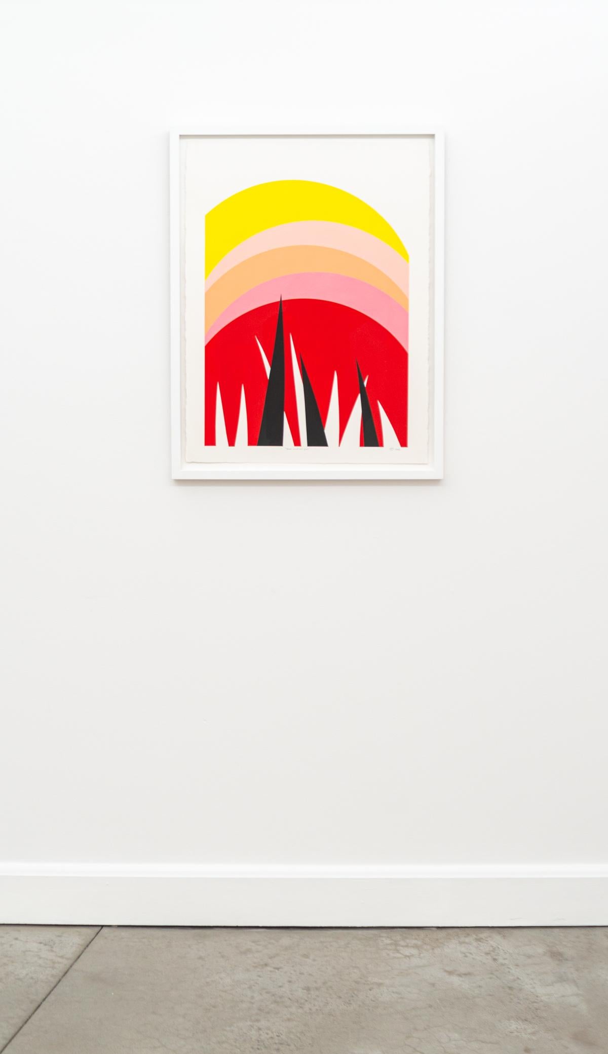 Warm Sunset Over Grass - bold, colorful, minimalist, abstract, acrylic on paper - Beige Abstract Painting by Aron Hill