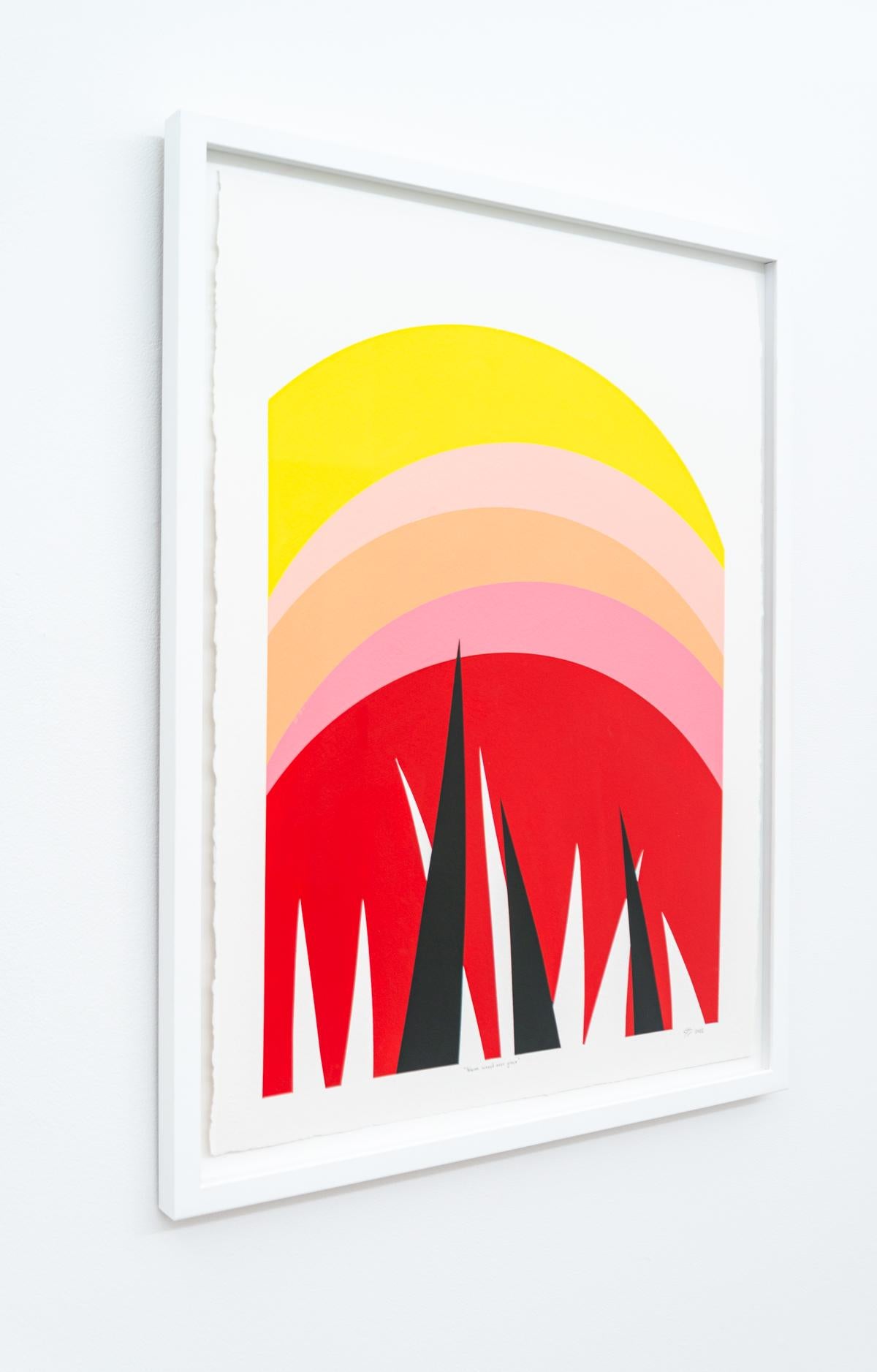 The Canadian landscape—that inspires the fun and fresh compositions of Aron Hill, a Calgary-based artist. A new series of acrylic on paper features their characteristic graphic form and inspired bright colour palette. In this piece rounded shapes