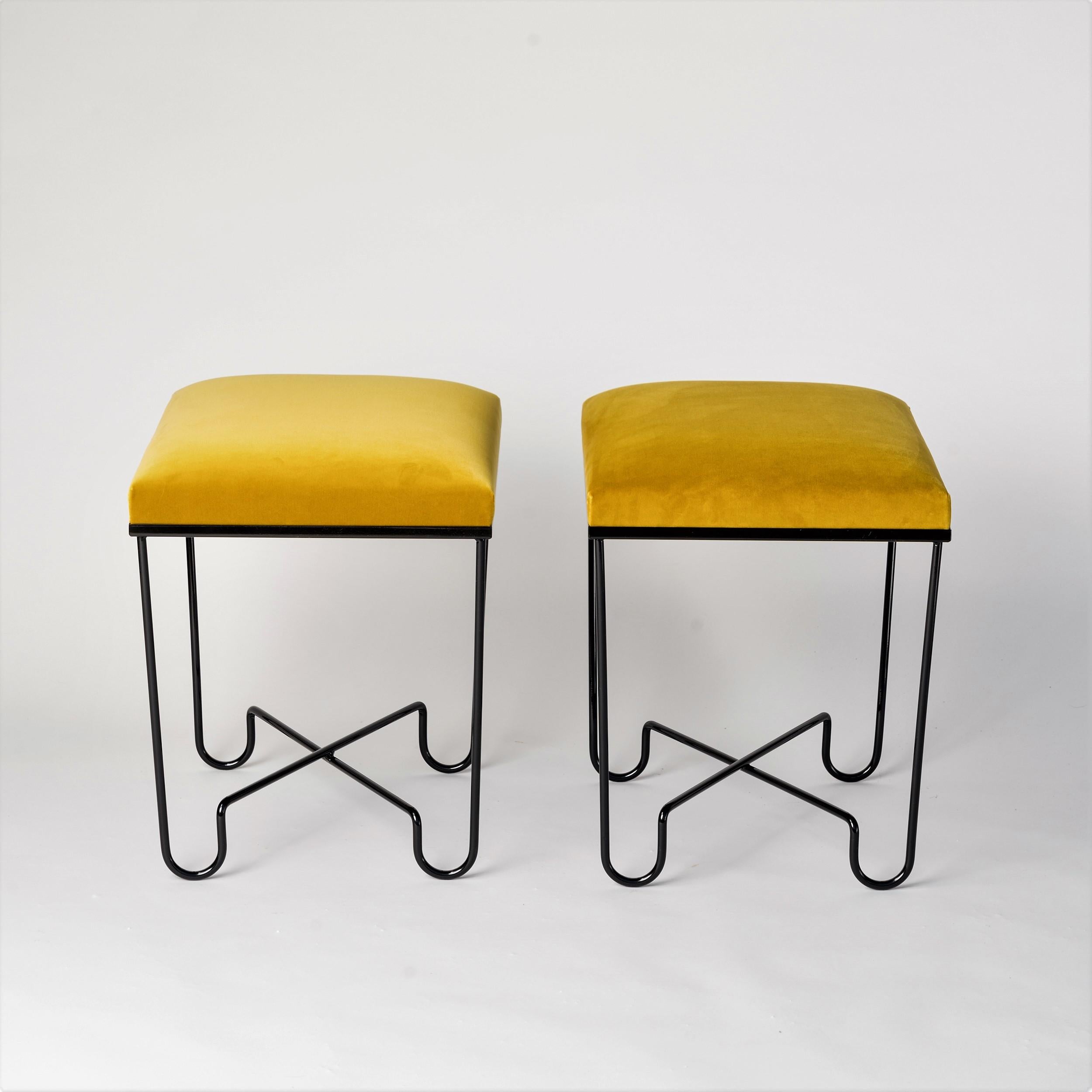 Pair of Aronde benches/stools by Facto Atelier Paris. Current production, available with black lacquered steel wire base and antique gold 
