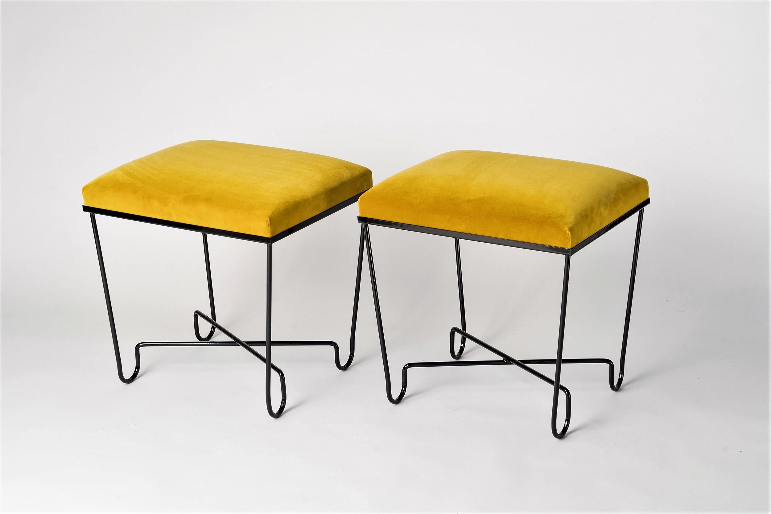 Steel Aronde Black Lacquered Feet and Gold Velvet Benches by Facto Atelier Paris For Sale