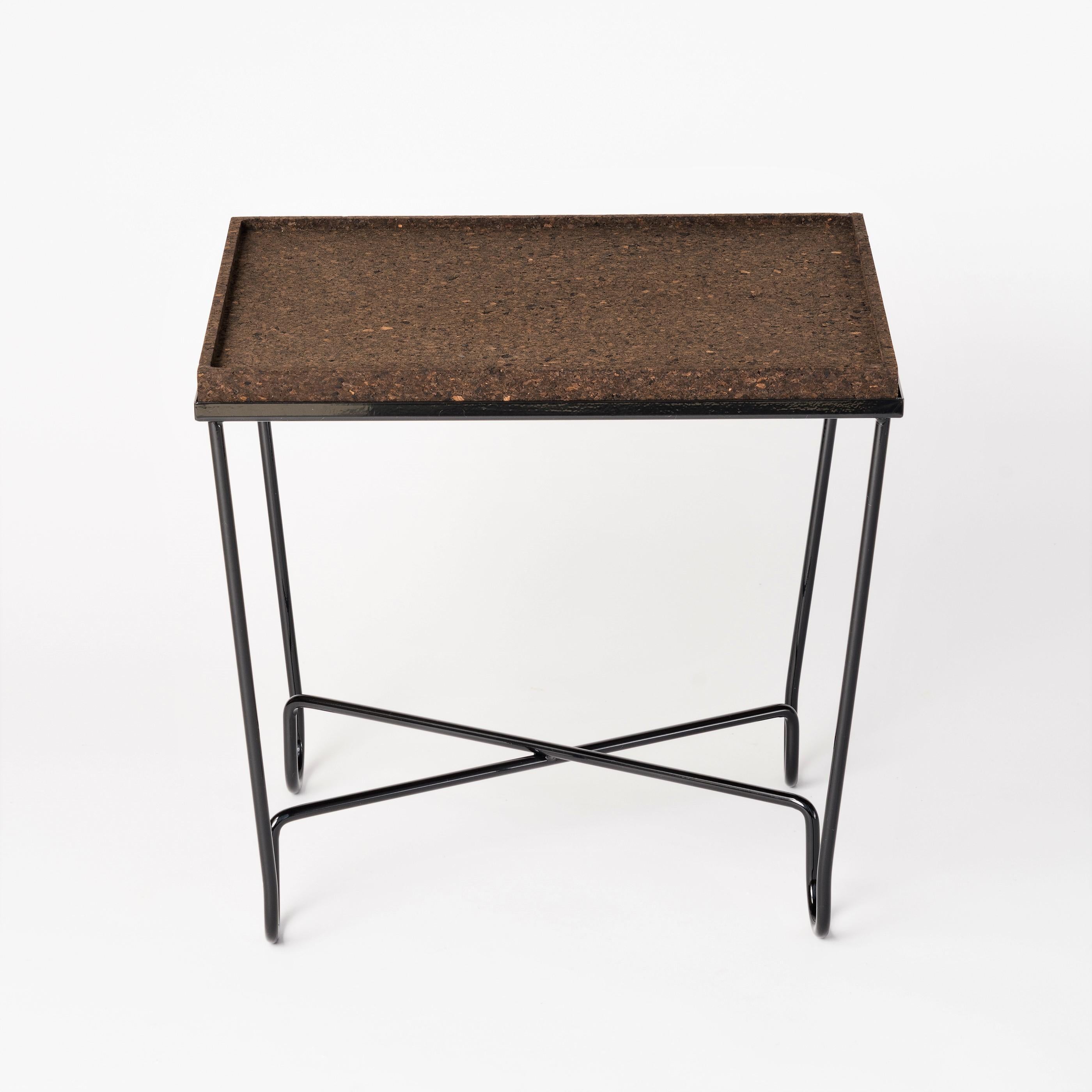 French Aronde Black Lacquered Steel Side Table with Burnt or Natural Cork Top  For Sale