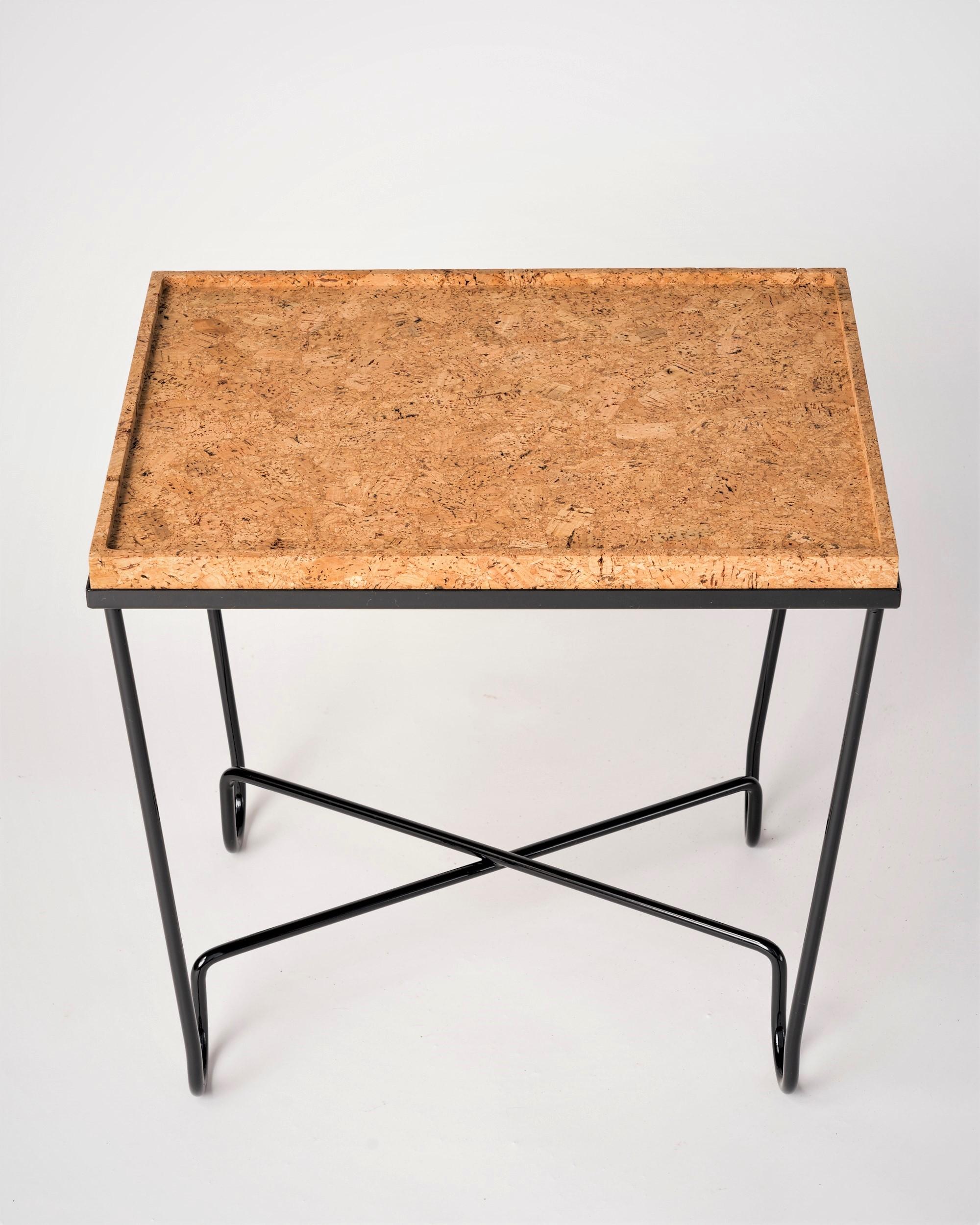 Contemporary Aronde Black Lacquered Steel Side Table with Burnt or Natural Cork Top  For Sale