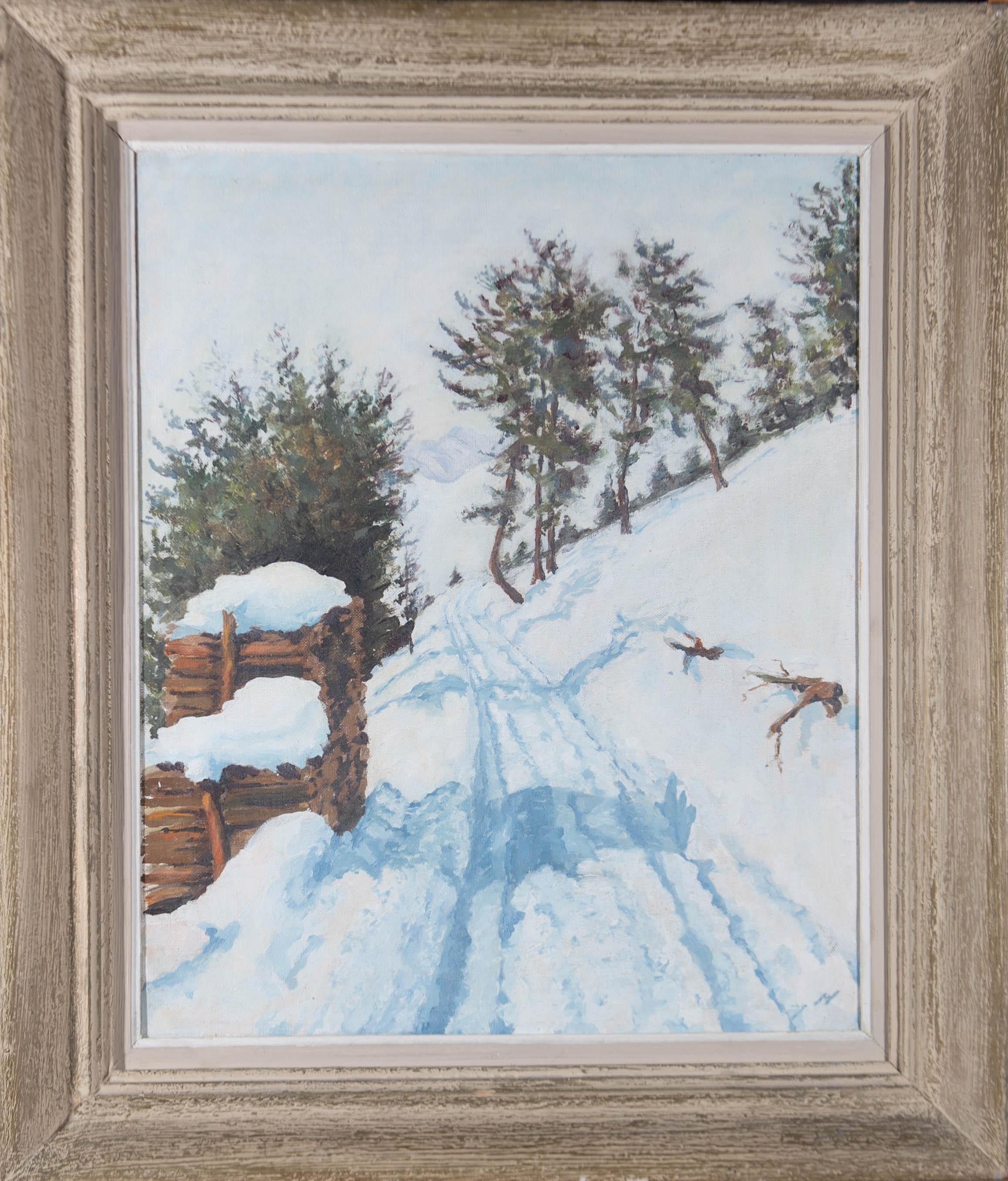 A picturesque winter landscape showing a well worn path leading into the distance amongst the trees with a view of the mountains ahead. Well presented in a wooden frame and slip. Signed and dated to the reverse. On canvas on stretchers.
