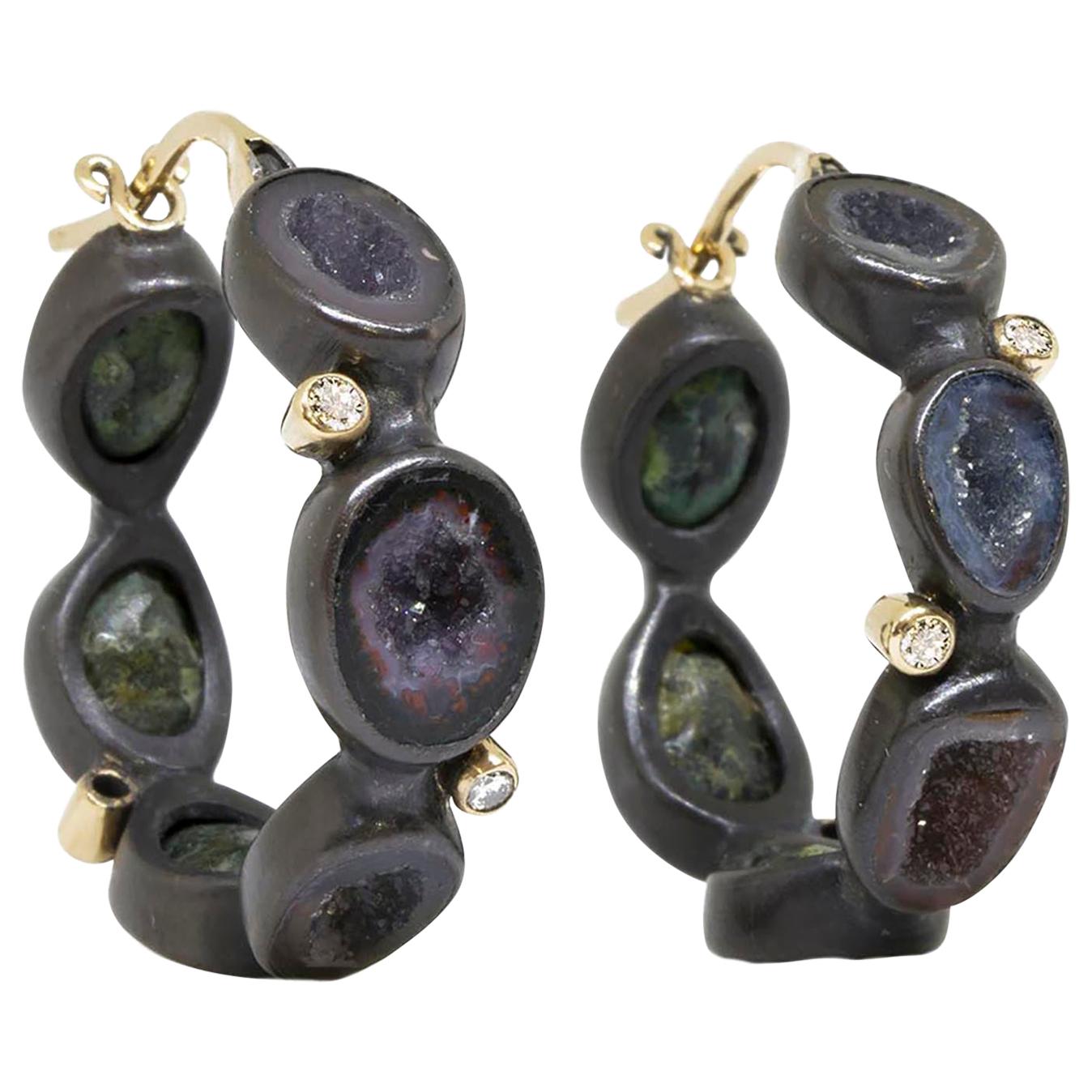 Around the World Geode Silver Hoop Earrings For Sale