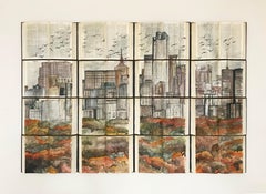 Dipinto ad acquerello di New York con tavolozza di colori autunnali su una tela a libro unica nel suo genere