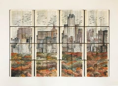 Auttumn color palette water color painting of New York on unique book canvass 